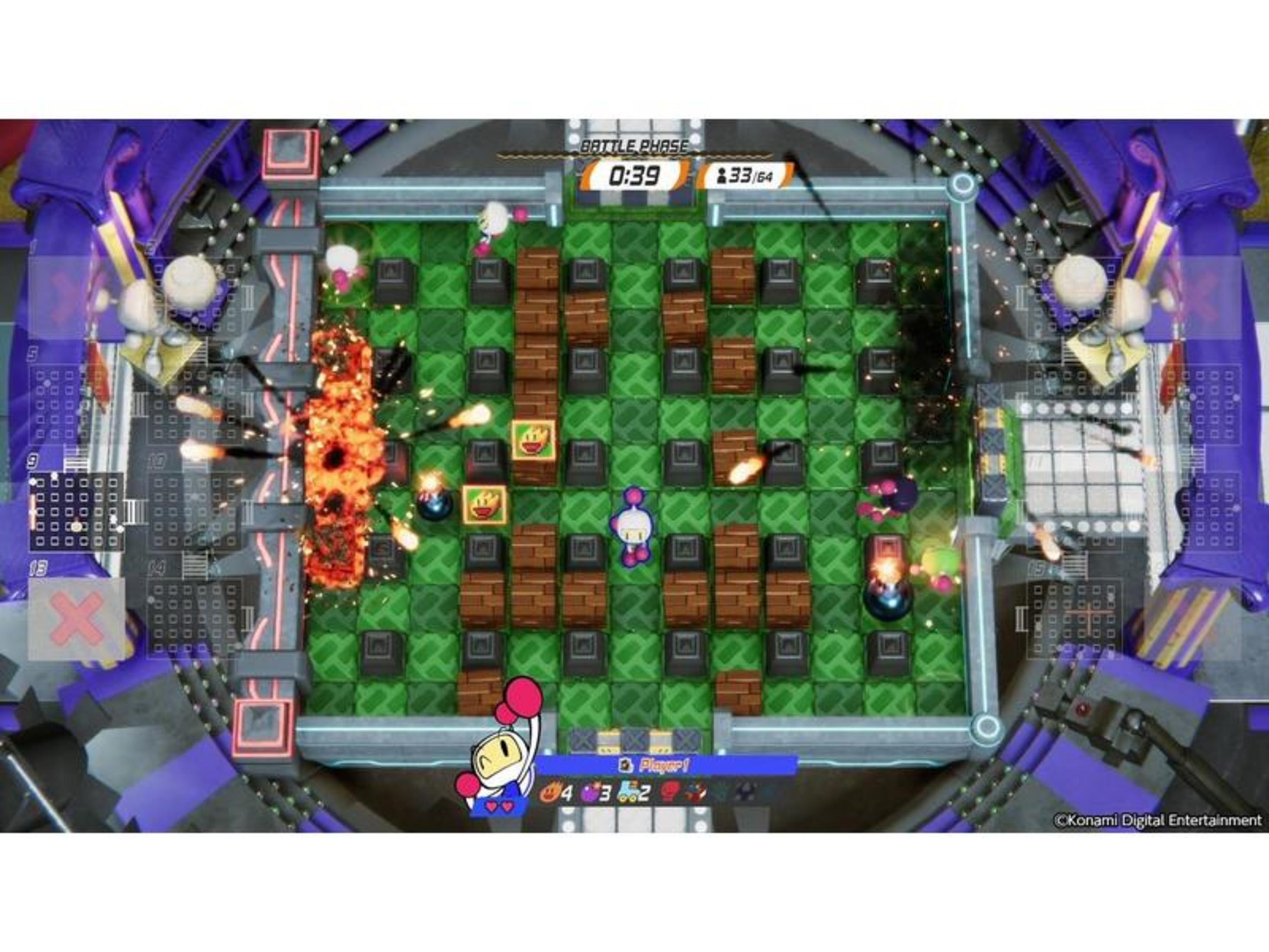 Bomberman-Spiel mit explodierenden Kisten, Charakteren und Timer.
