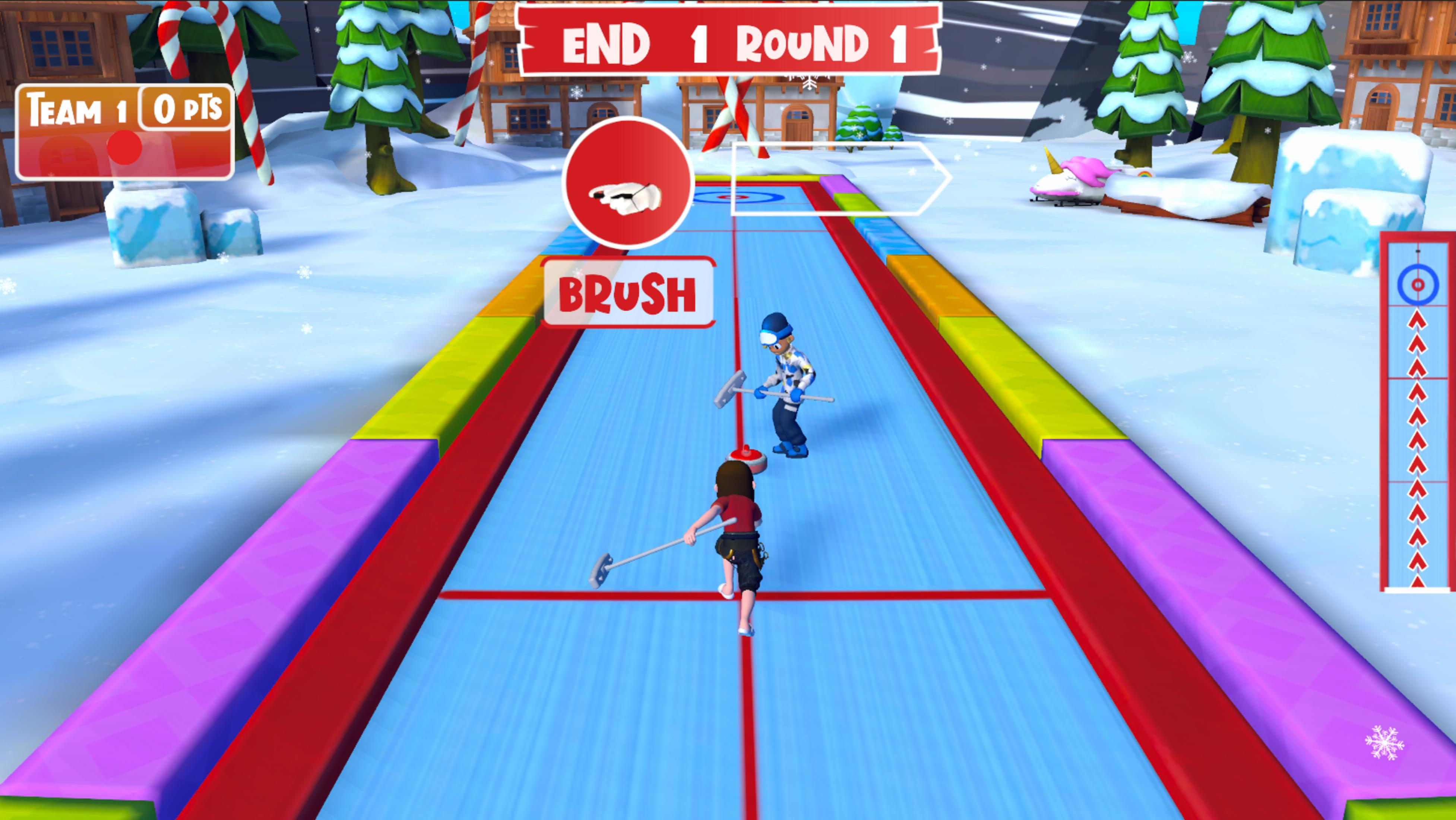Zwei Spieler spielen Curling auf einem verschneiten Feld. Ein Spieler bürstet das Eis.
