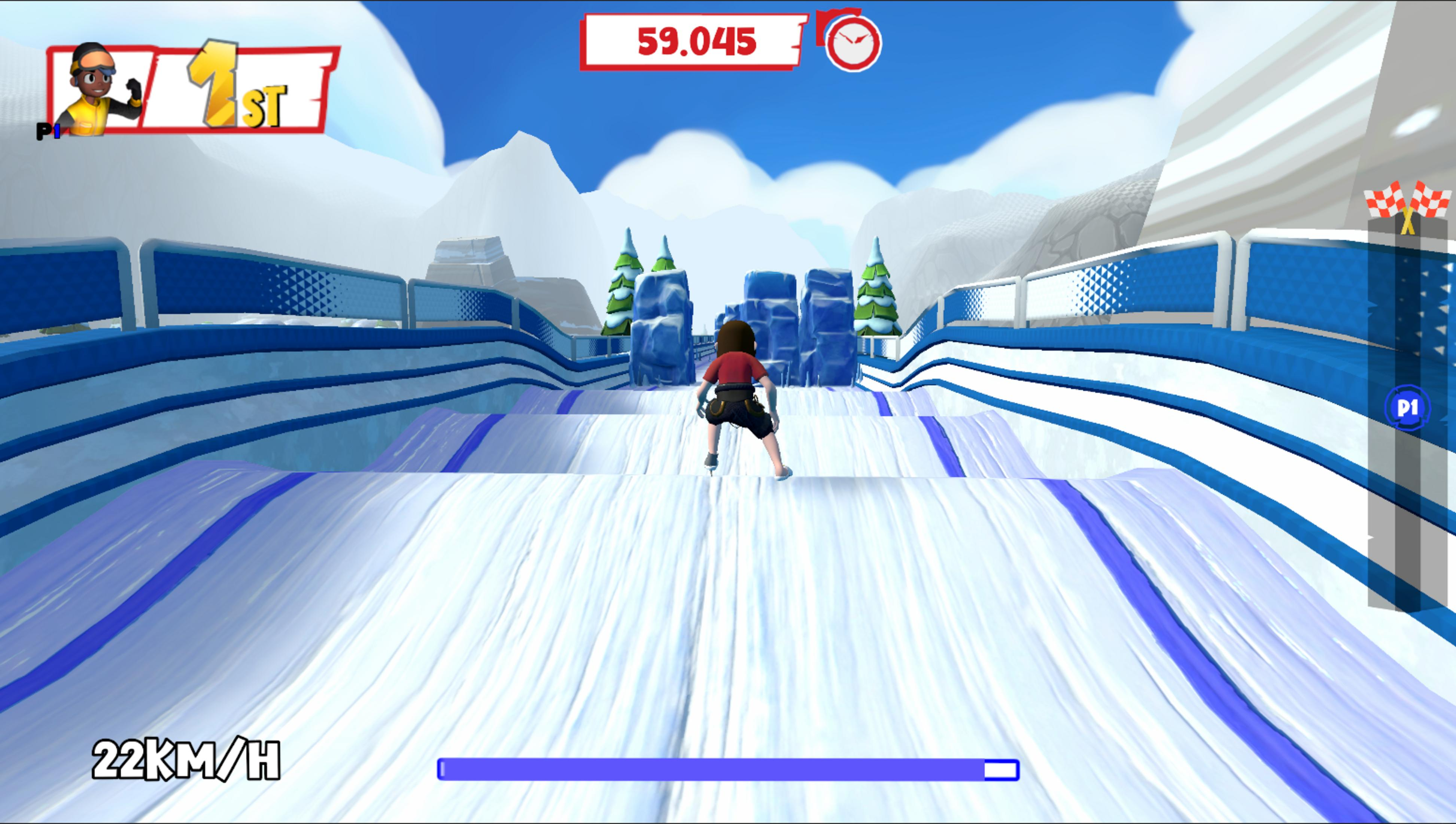 Spieler auf einer Skipiste, 1. Platz, 59.045 Sekunden, 22 km/h.