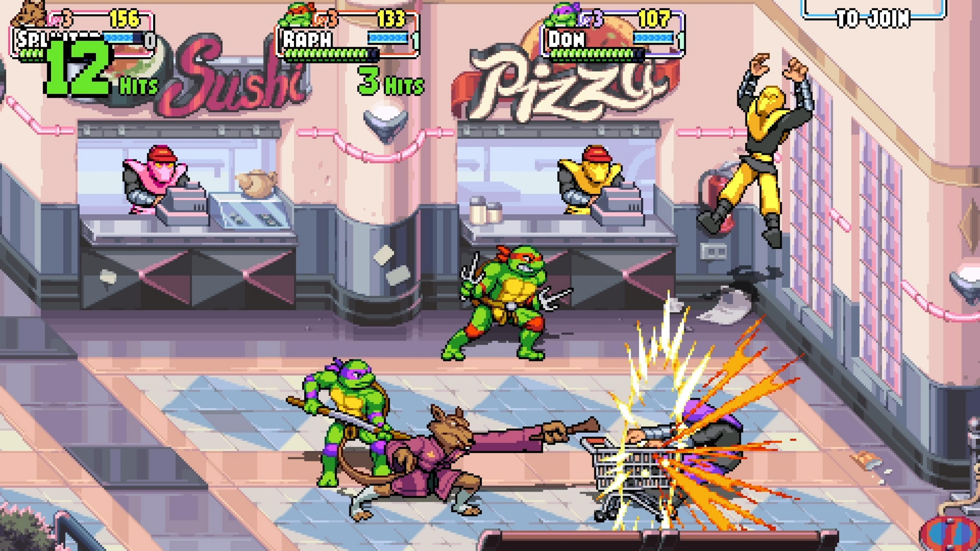 Vier Teenage Mutant Ninja Turtles kämpfen in einem Lebensmittelgeschäft gegen Feinde.