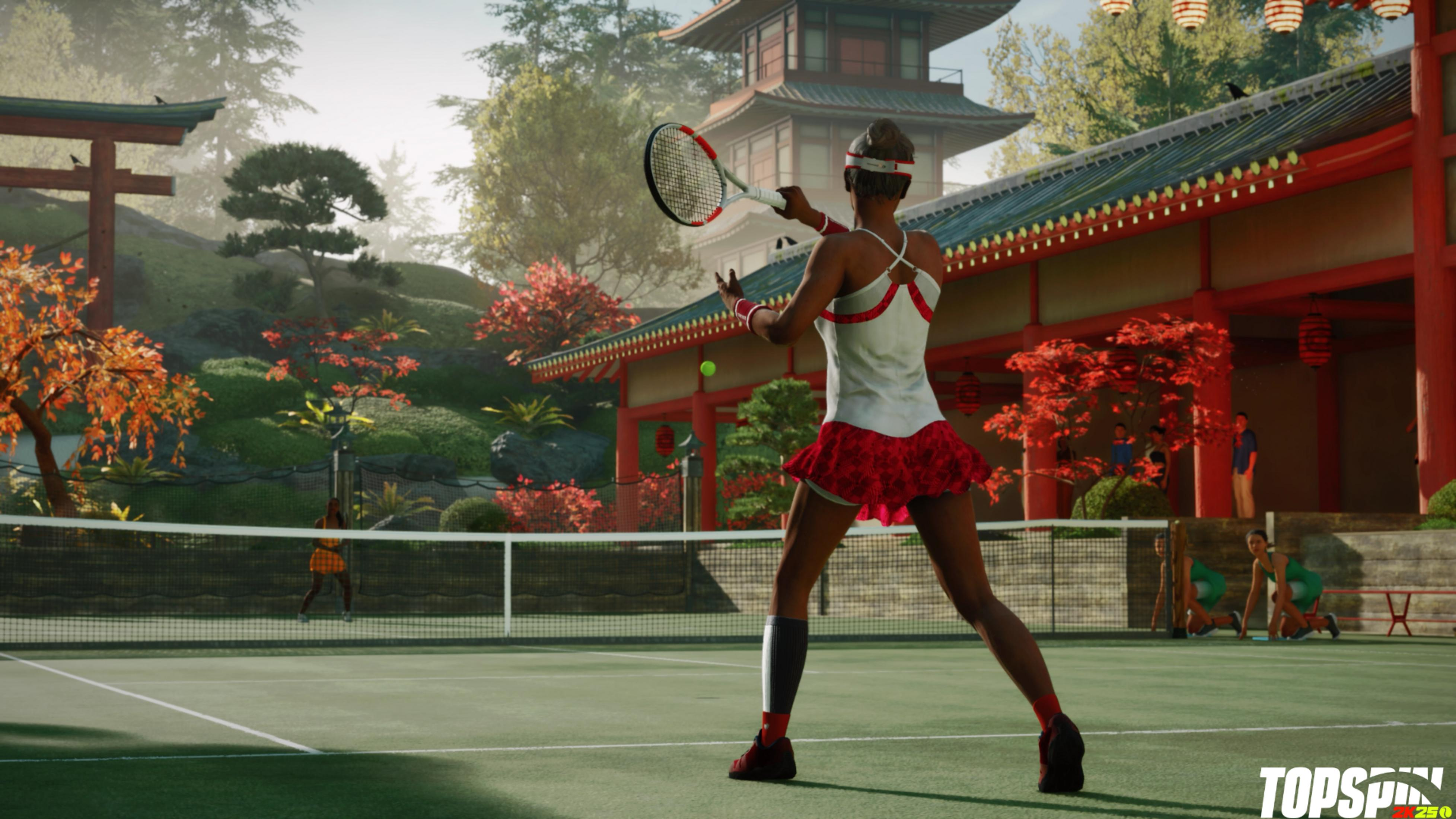 Une femme sert sur un terrain de tennis avec un fond de style japonais.