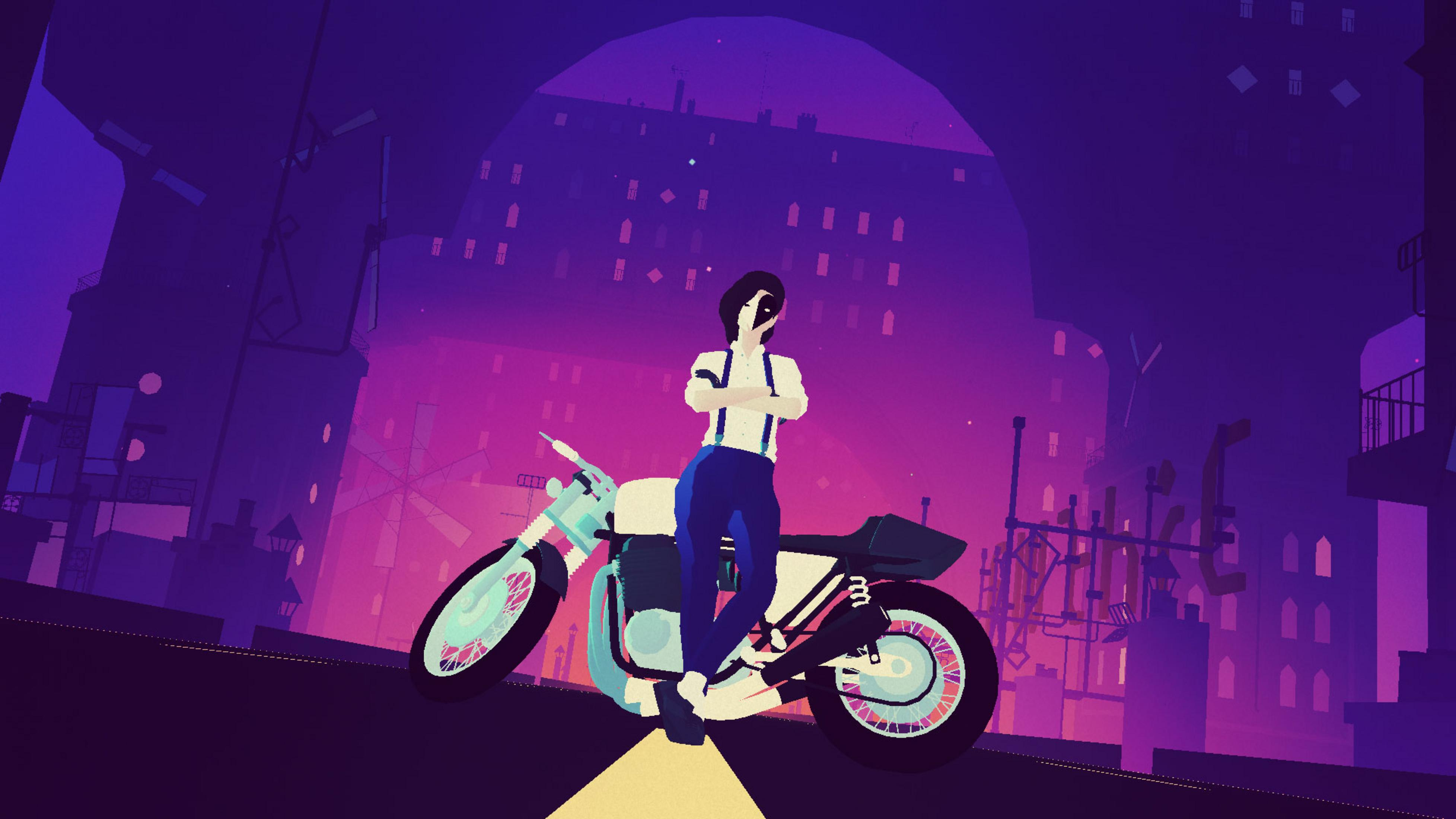Eine Person mit Maske steht neben einem Motorrad vor einer Silhouette einer Stadt.