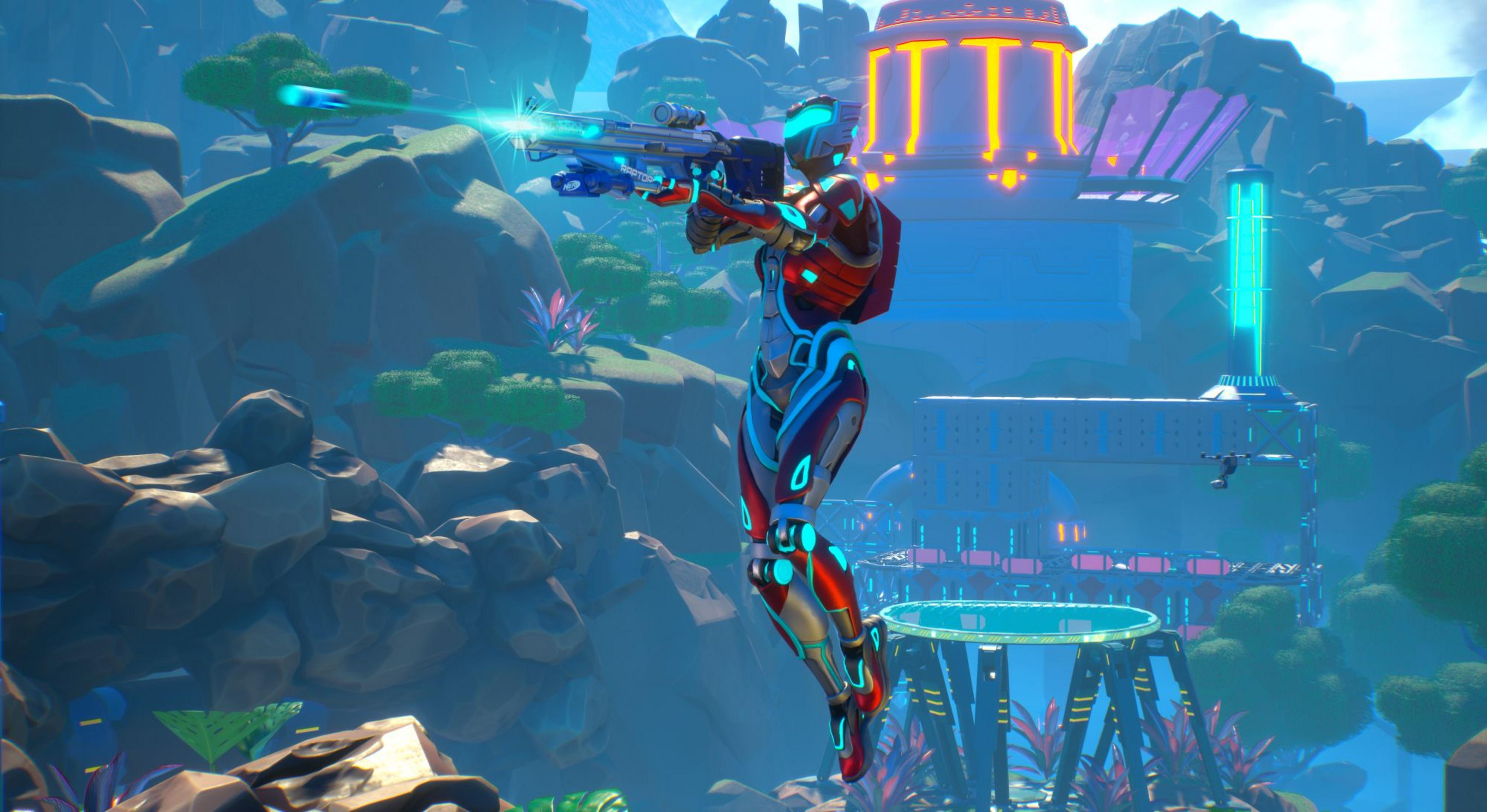 Ein Cyborg in Rot und Blau schießt mit einer futuristischen Waffe in einer bergigen Landschaft.