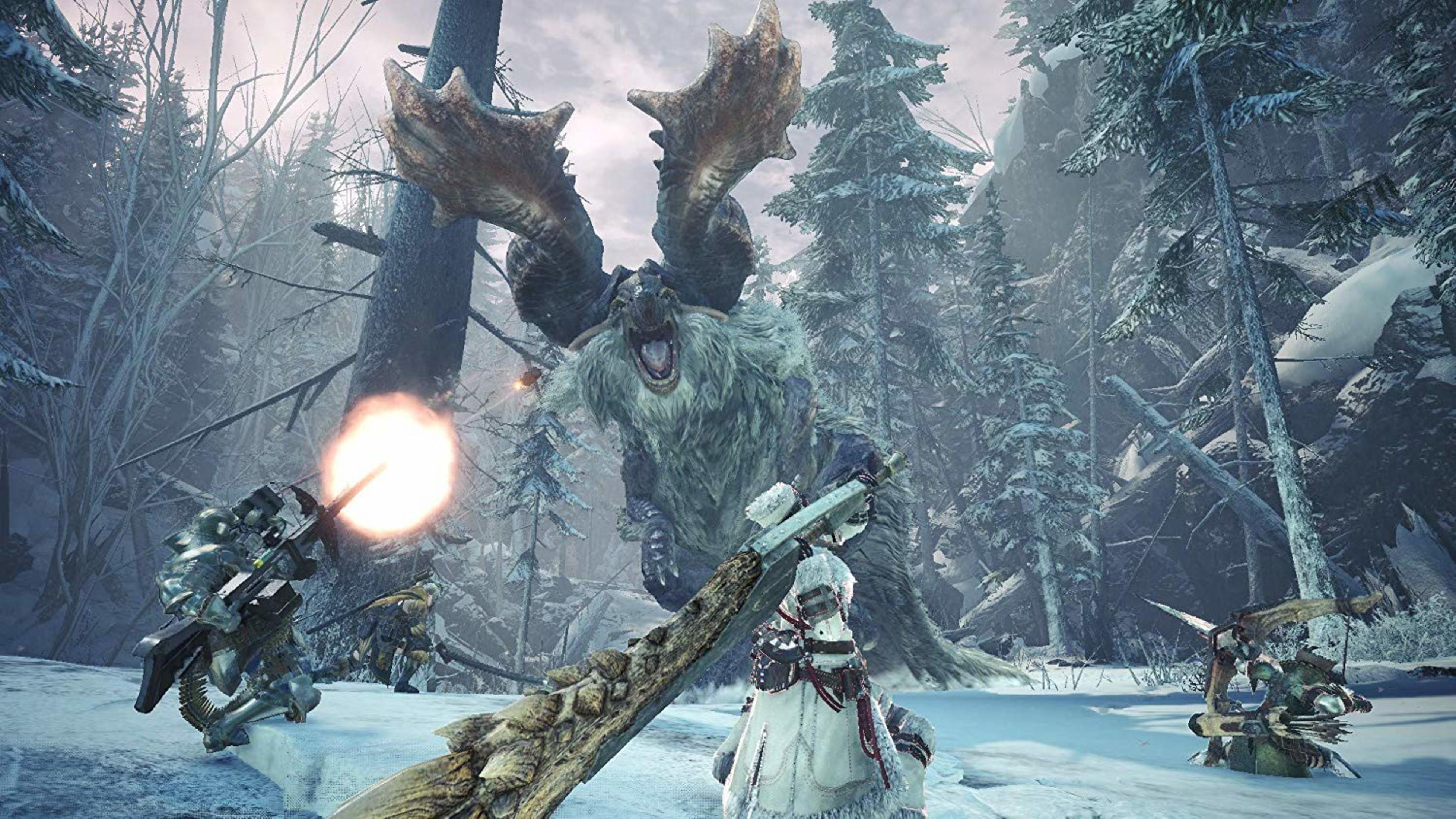 Ein großer Yeti-artiger Monster greift Krieger in einer verschneiten Waldumgebung an.