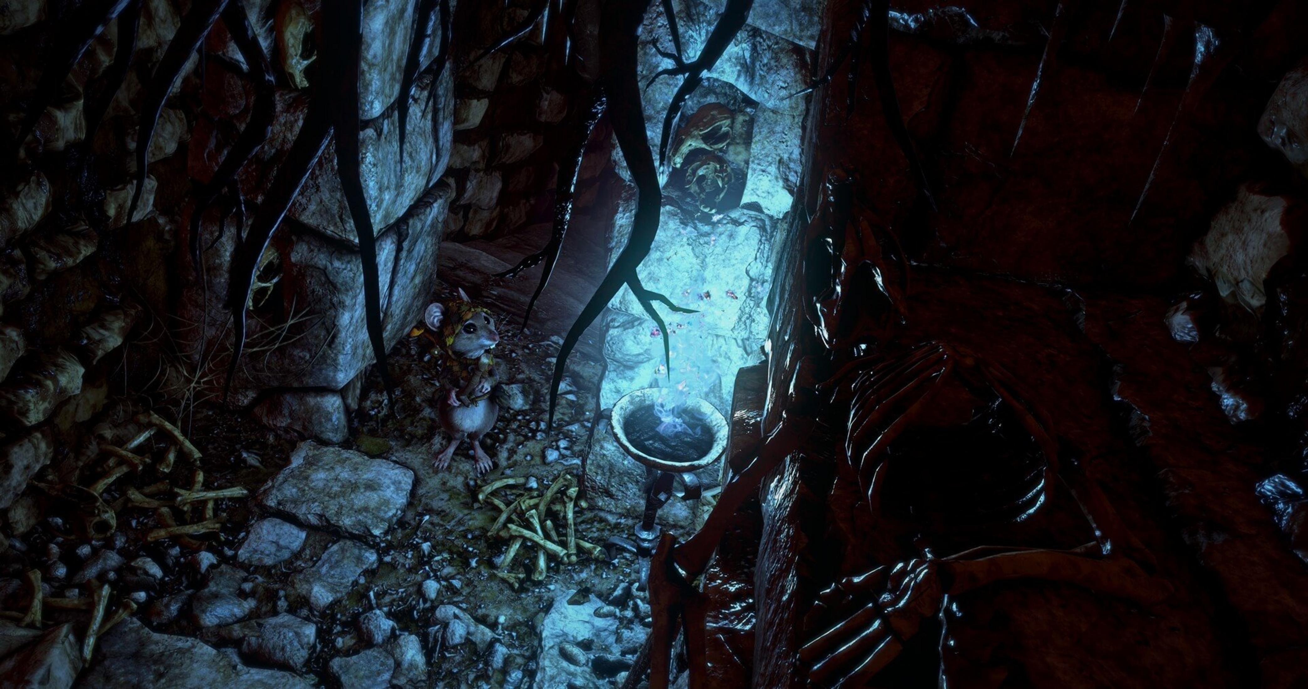 Eine Maus in Rüstung sitzt in einer dunklen Höhle bei Knochen und einem Glühtopf.