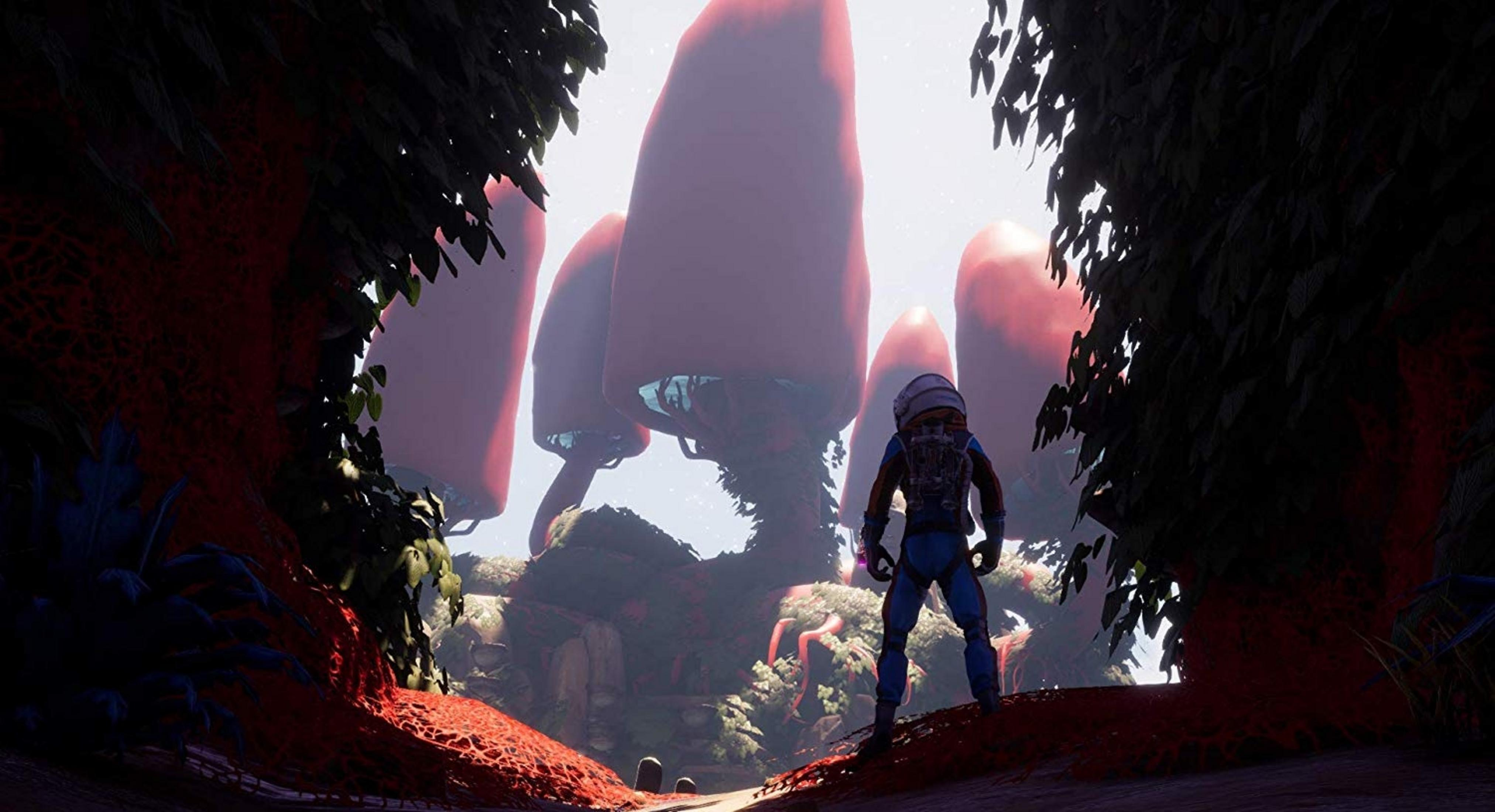 Ein Astronaut steht vor riesigen pilzartigen Bäumen in einer fremden, roten Landschaft.