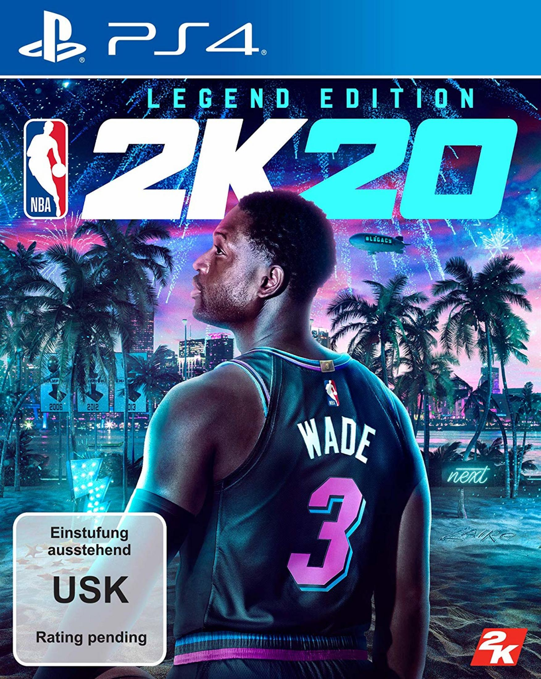 NBA 2K20 Legend Edition Cover mit Spieler Wade, PS4 Logo und Feuerwerk.