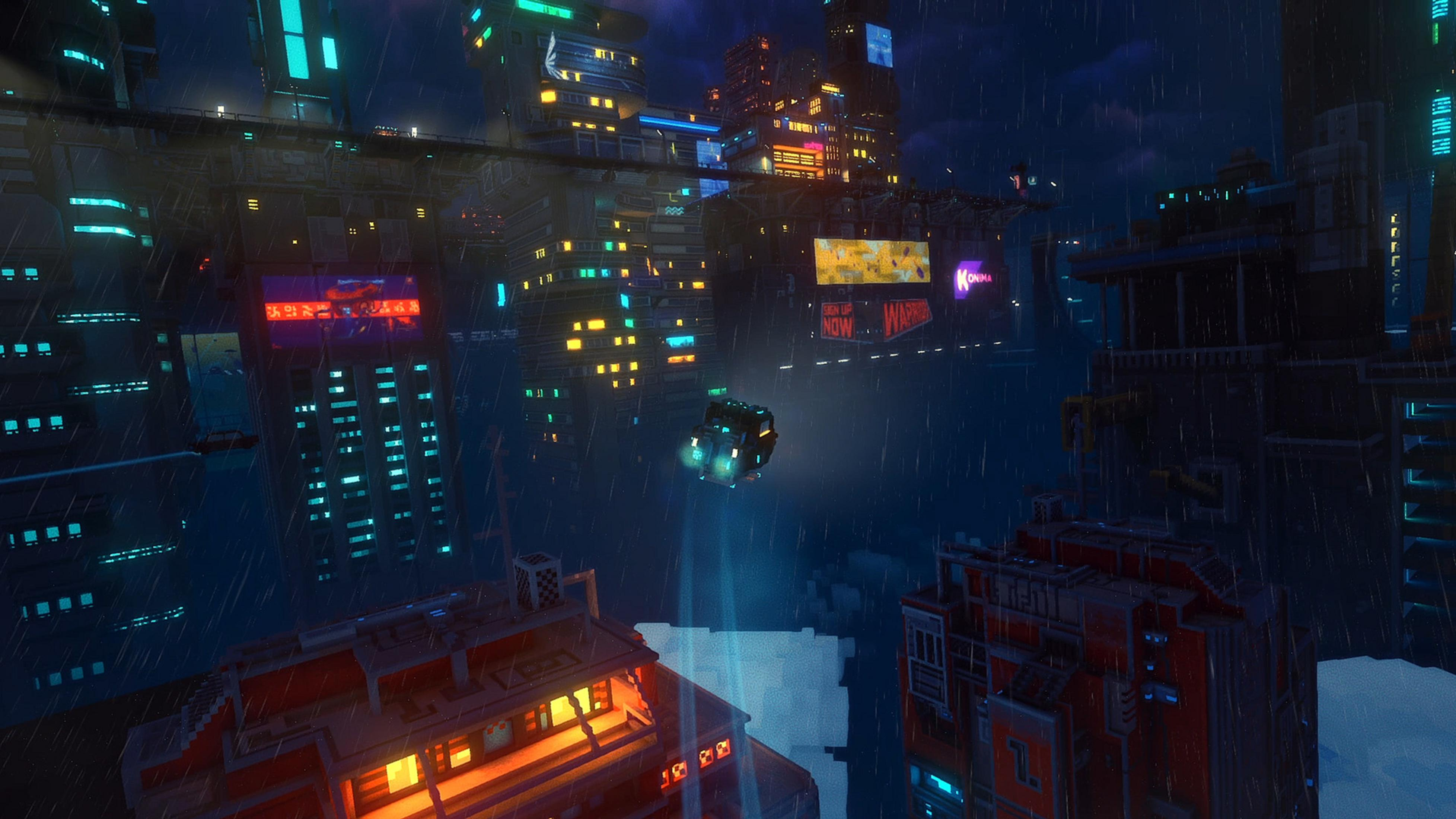 Eine futuristische Stadt bei Nacht mit Regen, beleuchtet von Neonlichtern.