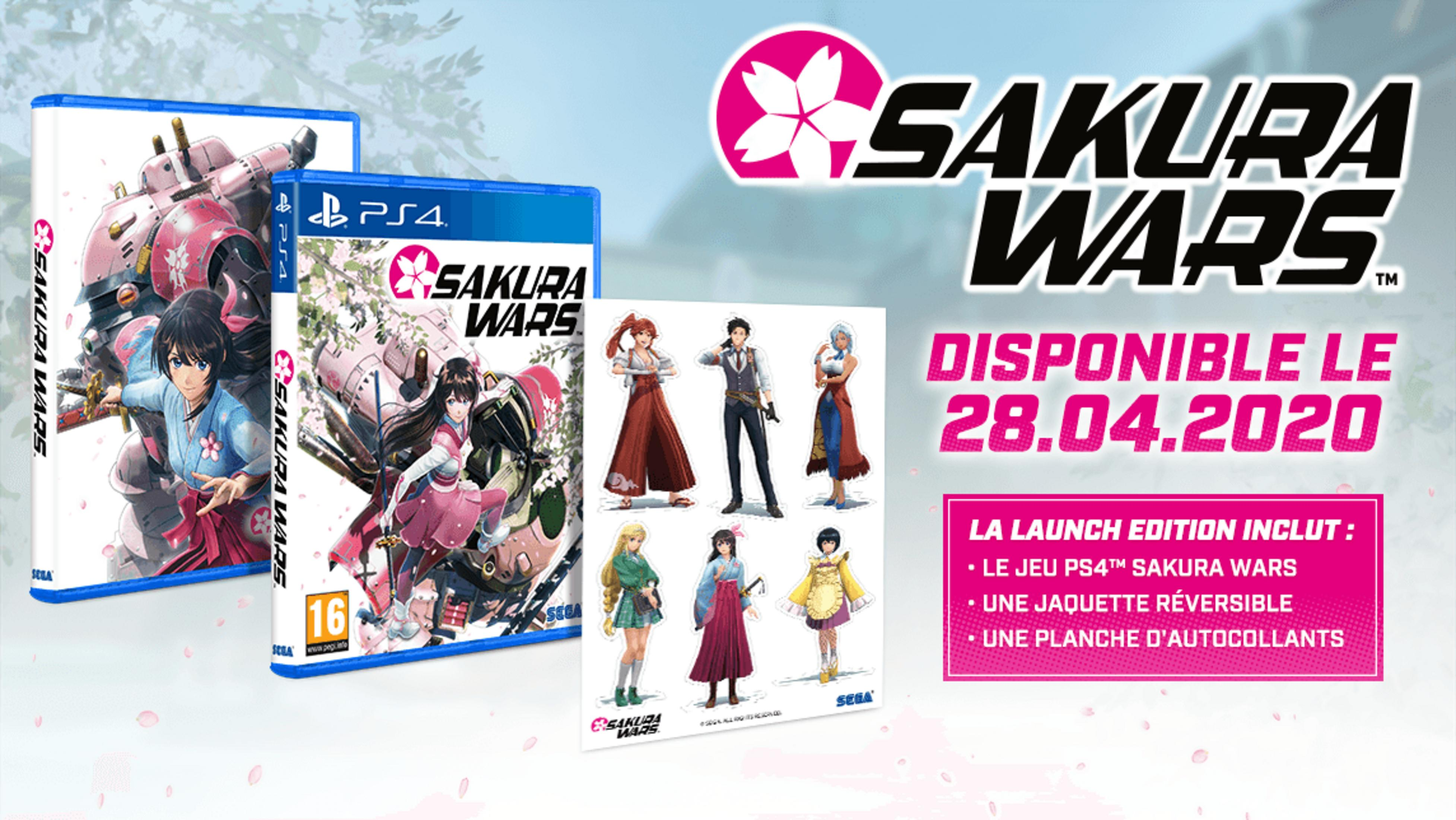 Pudełka gry Sakura Wars PS4 z figurkami postaci i datą premiery.