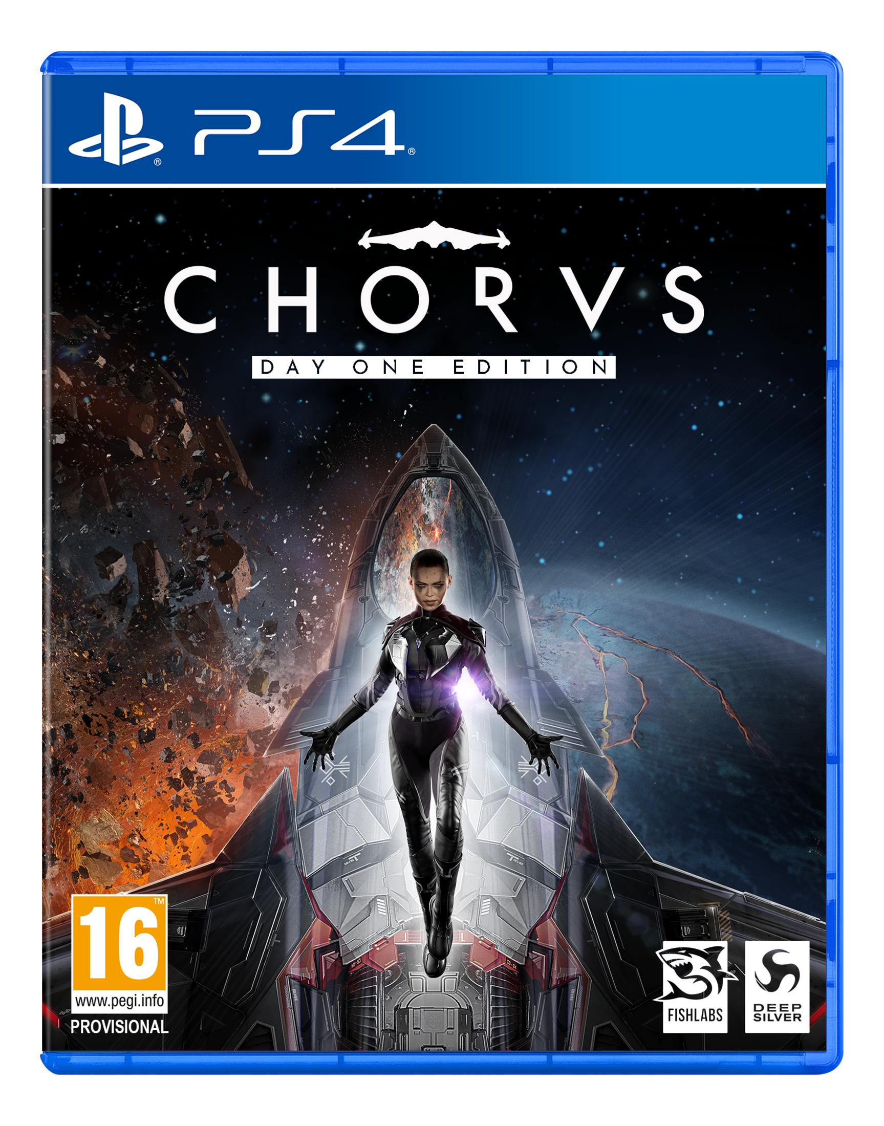 Una donna in tuta spaziale fluttua davanti a un'astronave. Copertina gioco PS4.