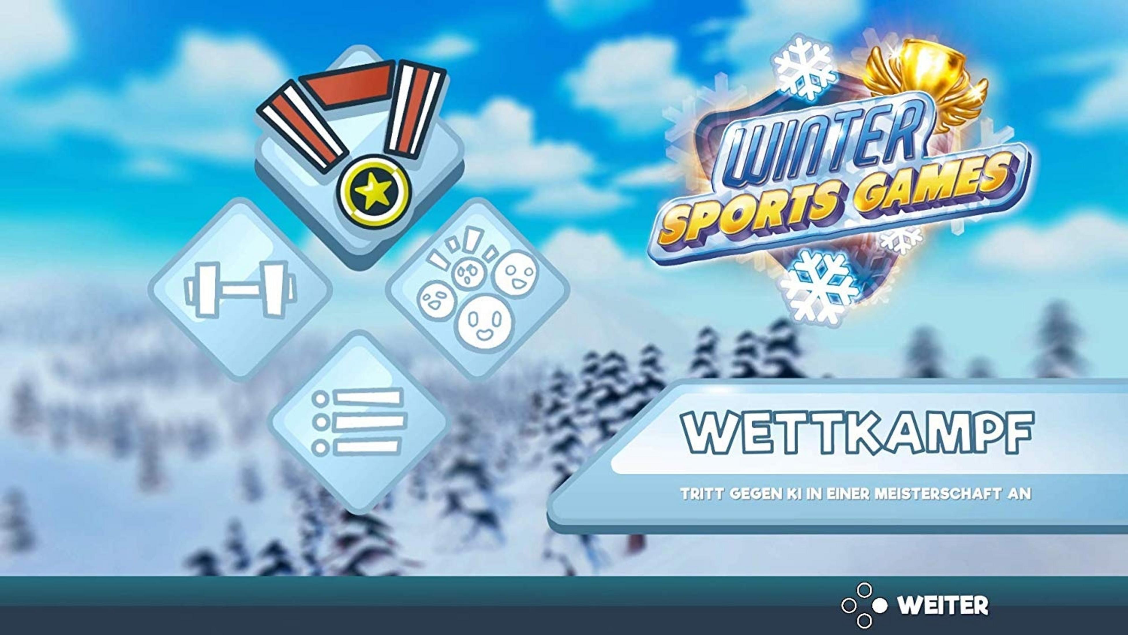 Winter Sports Games Menü mit Medaille, Hantel, Gesichtern und Liste.