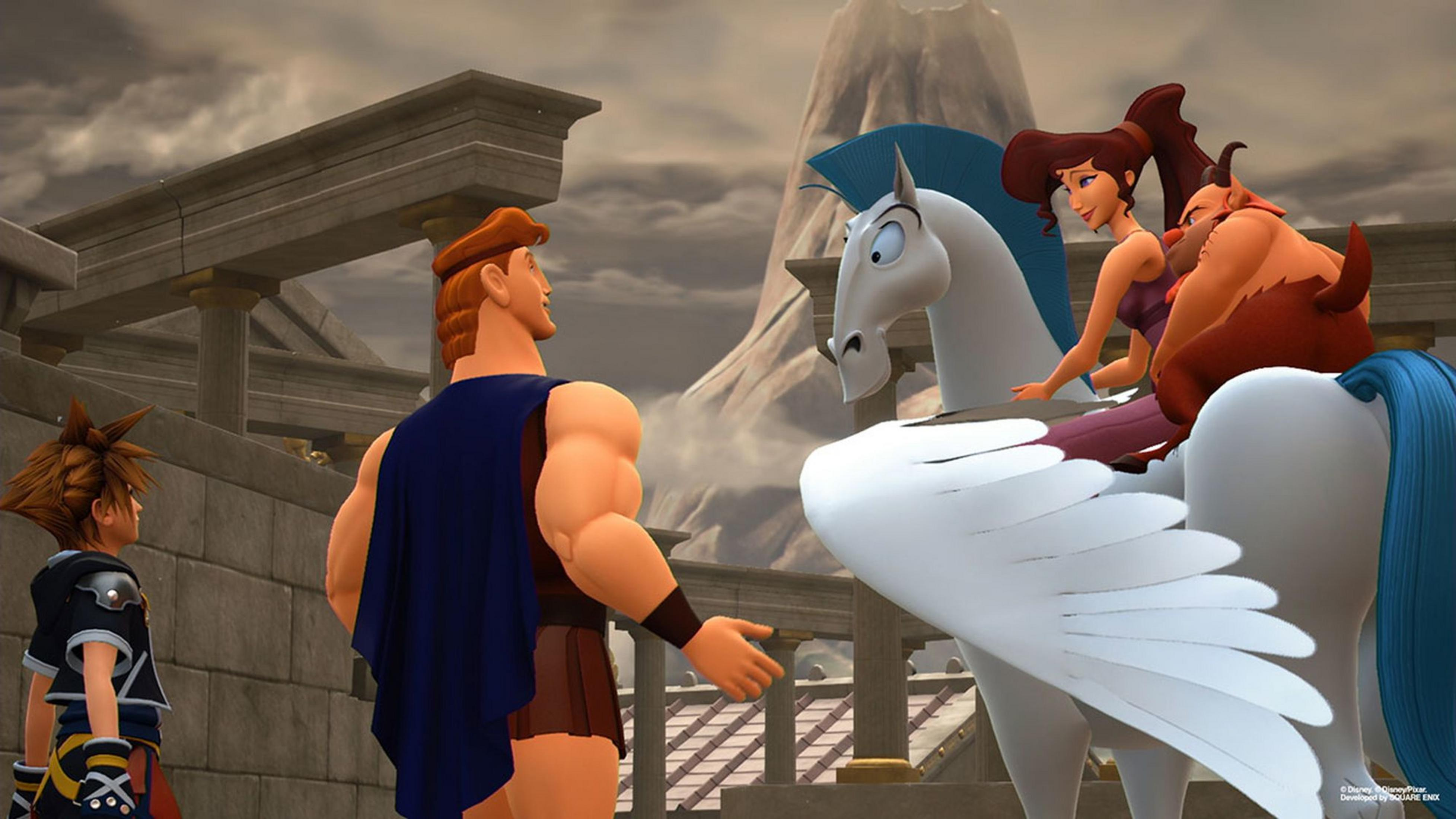 Sora, Herkules und Megara reiten auf Pegasus vor einem Vulkan.