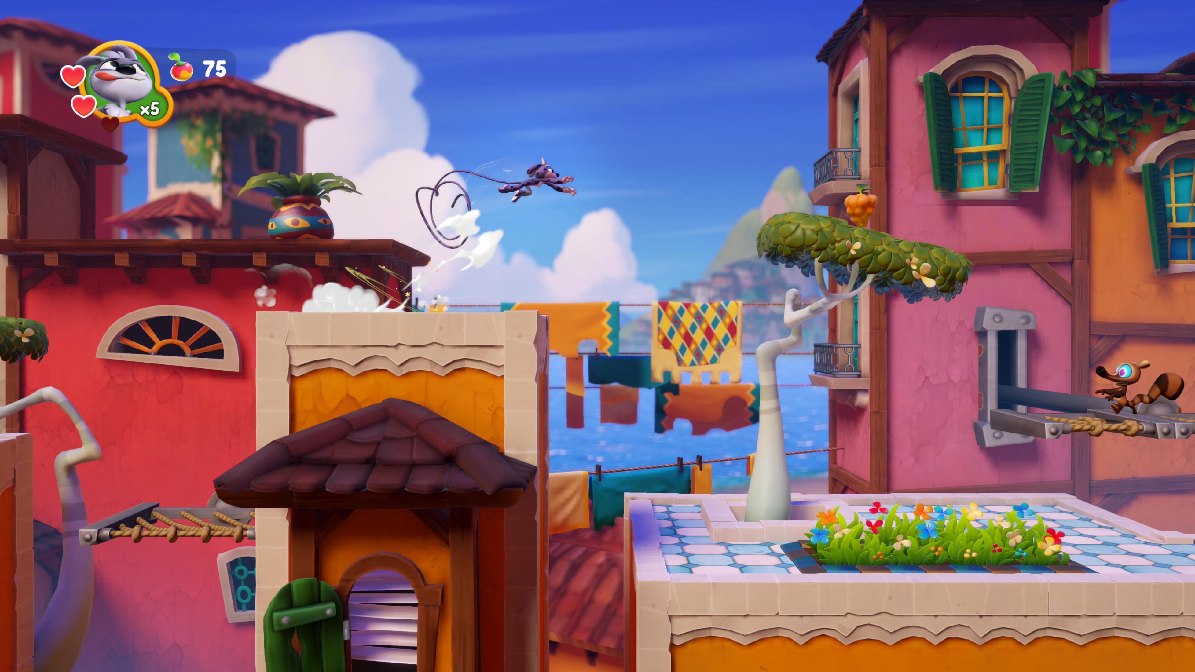 Ein Cartoon-Hund fliegt durch eine bunte Stadt mit Häusern, Wäsche und Meer im Hintergrund.
