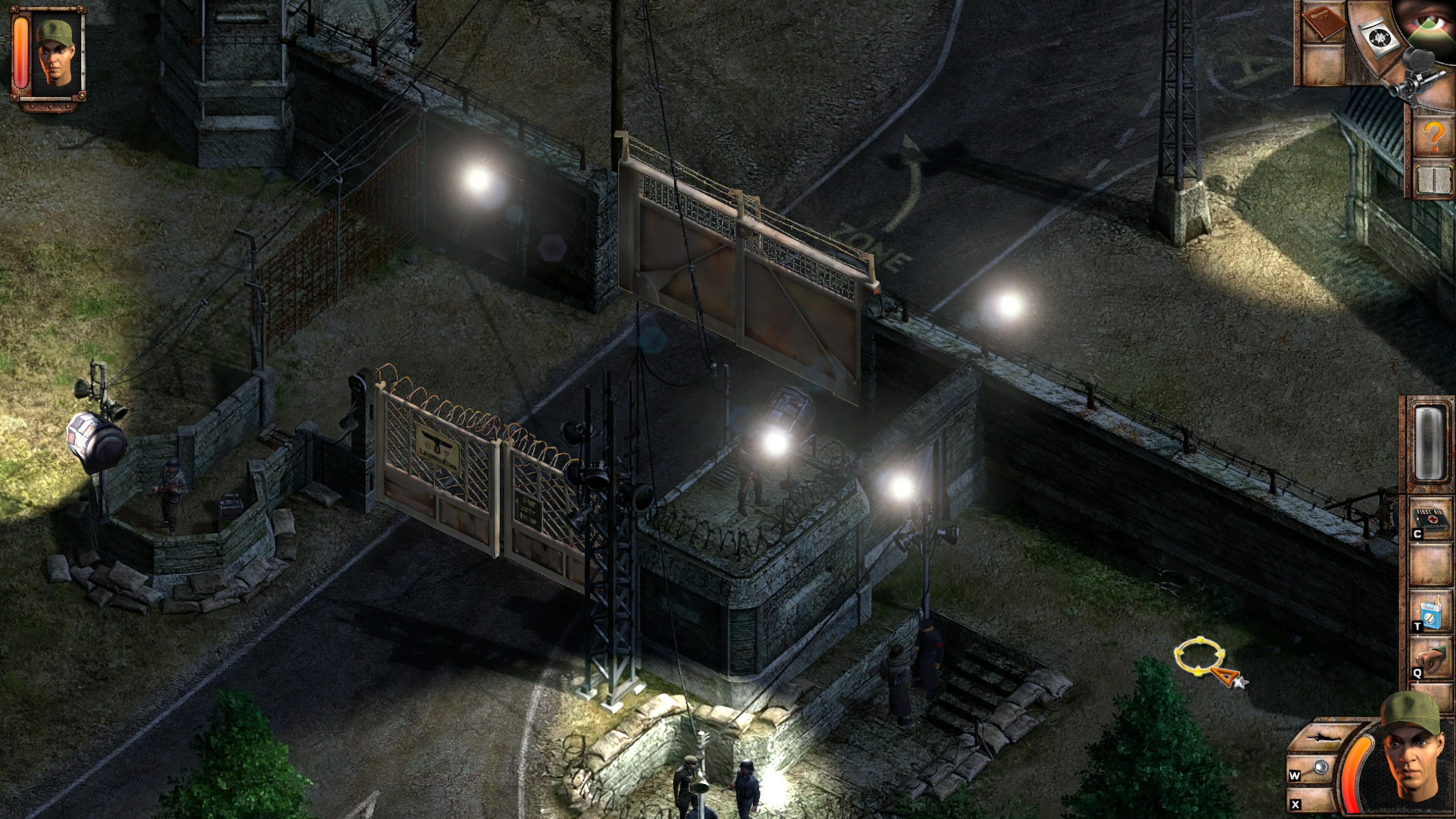 Nachtszene mit Wachturm, Tor und Soldaten. Beleuchtete Bereiche auf dunklem Untergrund.