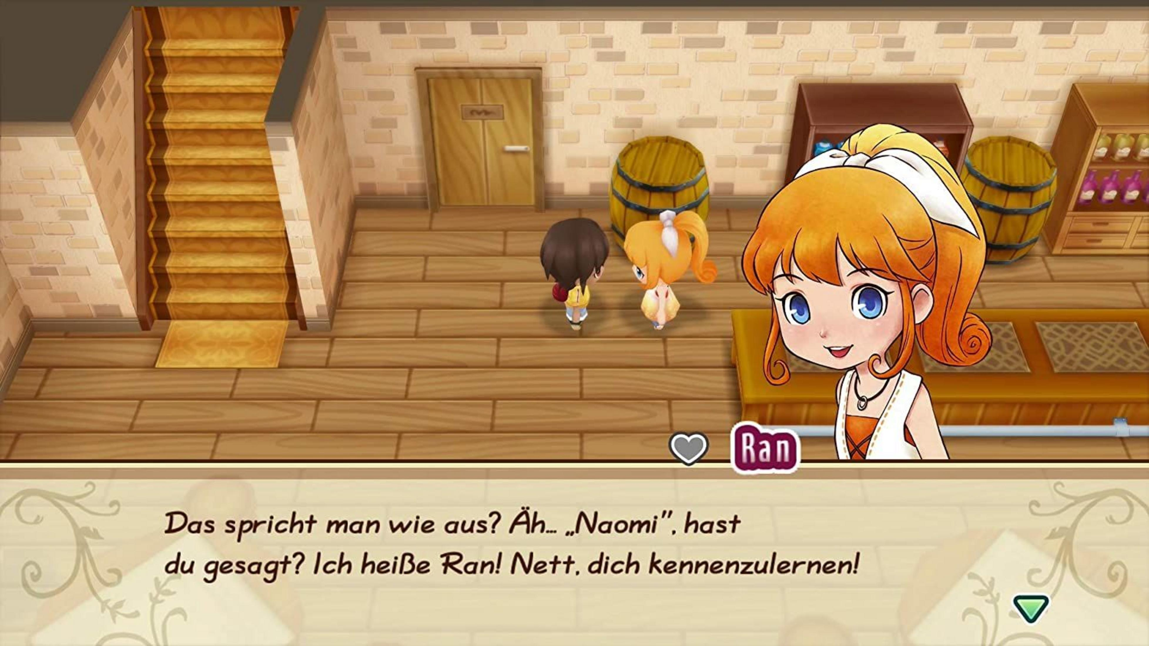 Eine junge Frau mit orangenem Haar spricht zwei Kinder an, die vor ihr stehen.