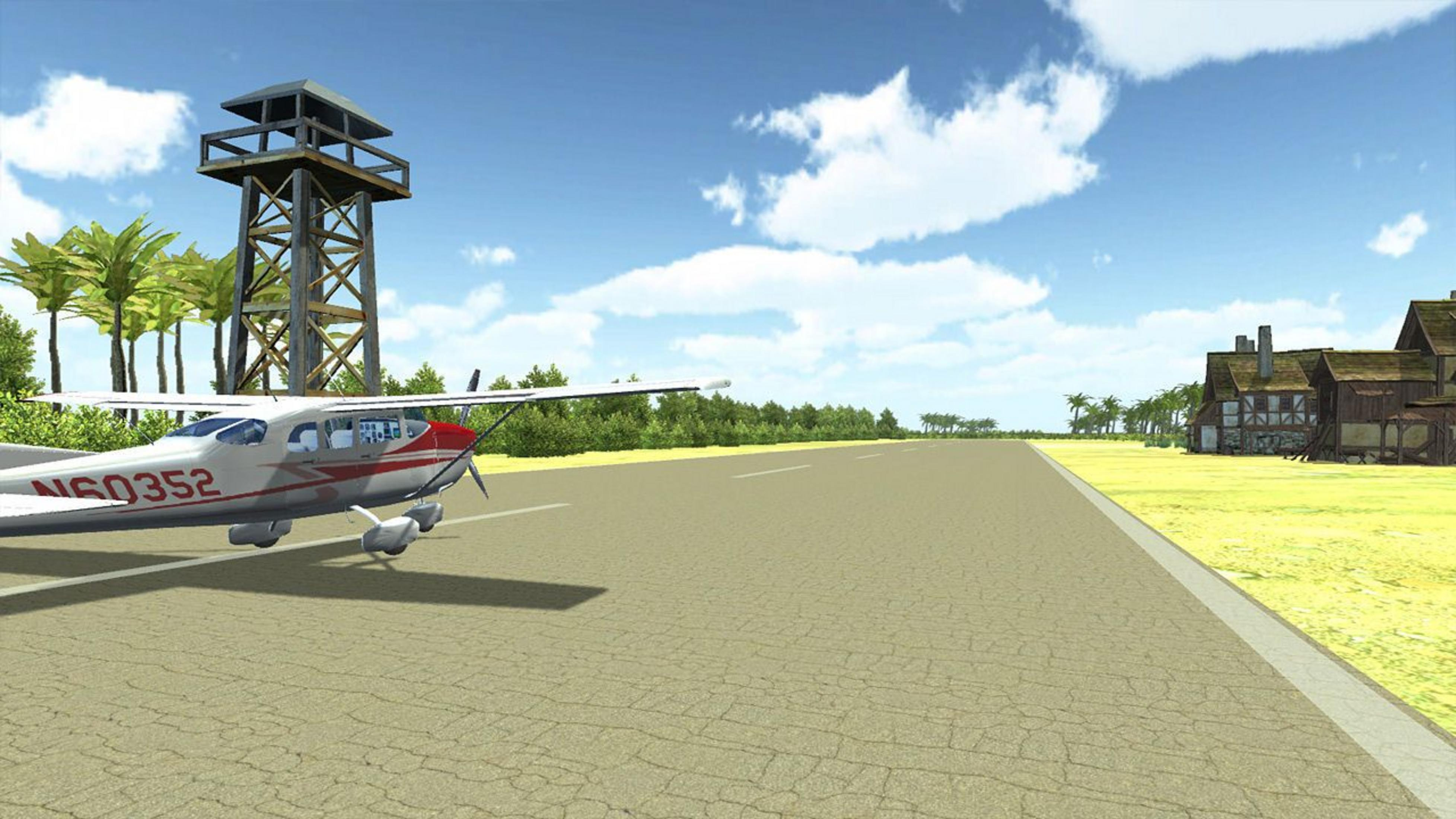 Flugzeug auf Rollbahn mit Holzturm und Gebäuden im Hintergrund.