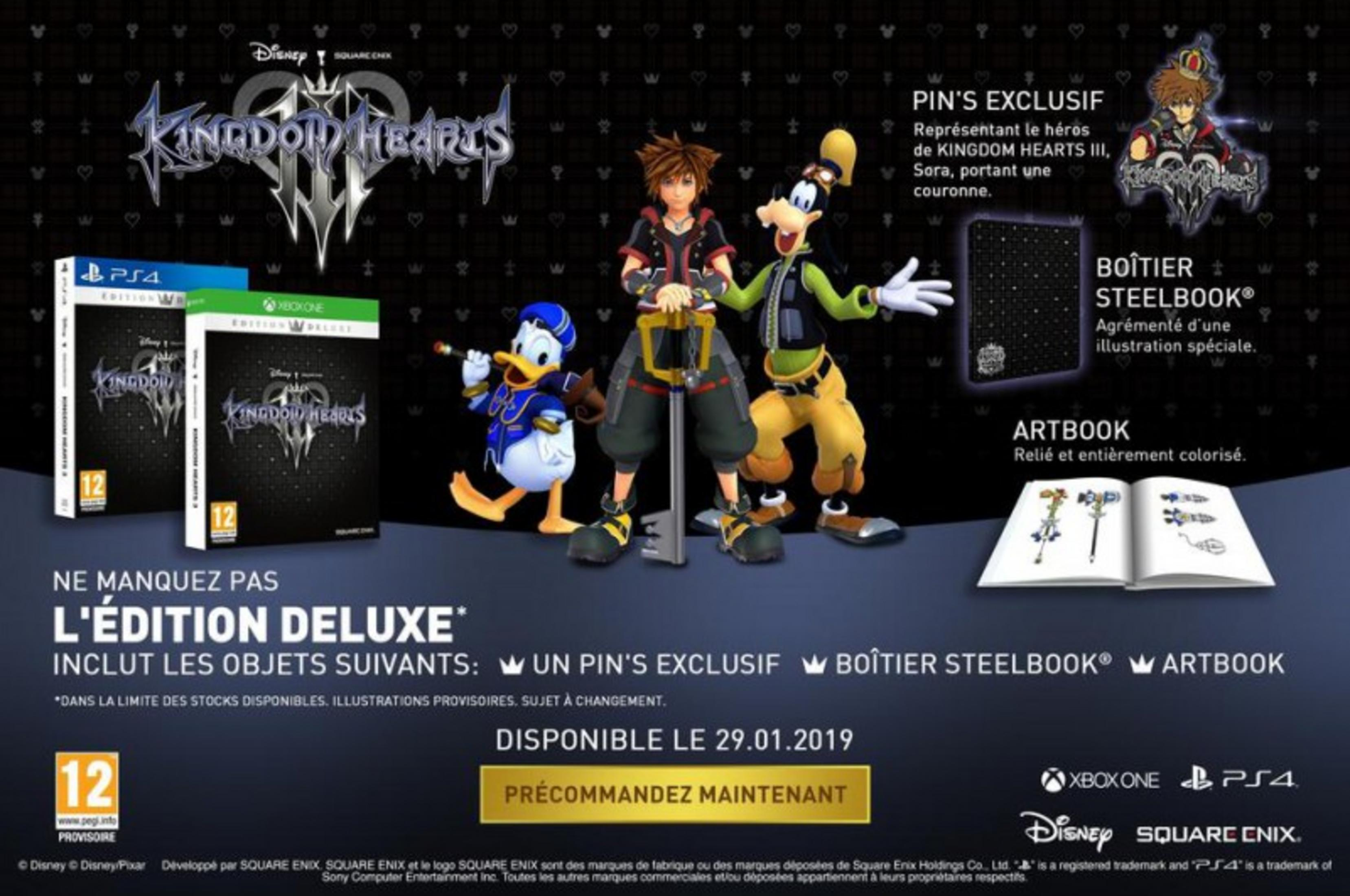 Kingdom Hearts III Edycja Deluxe z Sora, Donald, Goofy, Steelbook, Artbook i Pin.