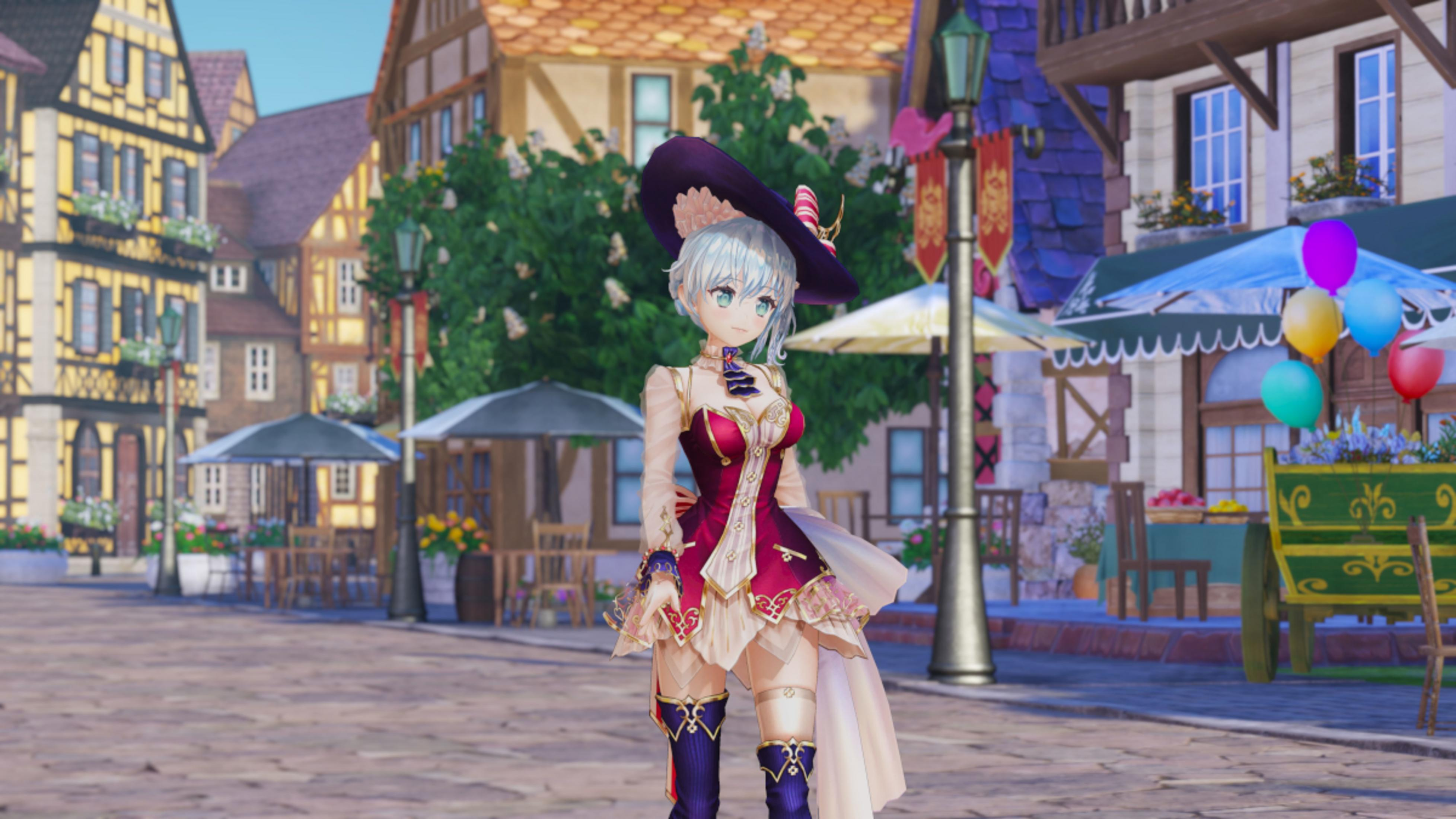 Anime-Figur mit weißem Haar und lila Hut in einer europäisch anmutenden Stadt.