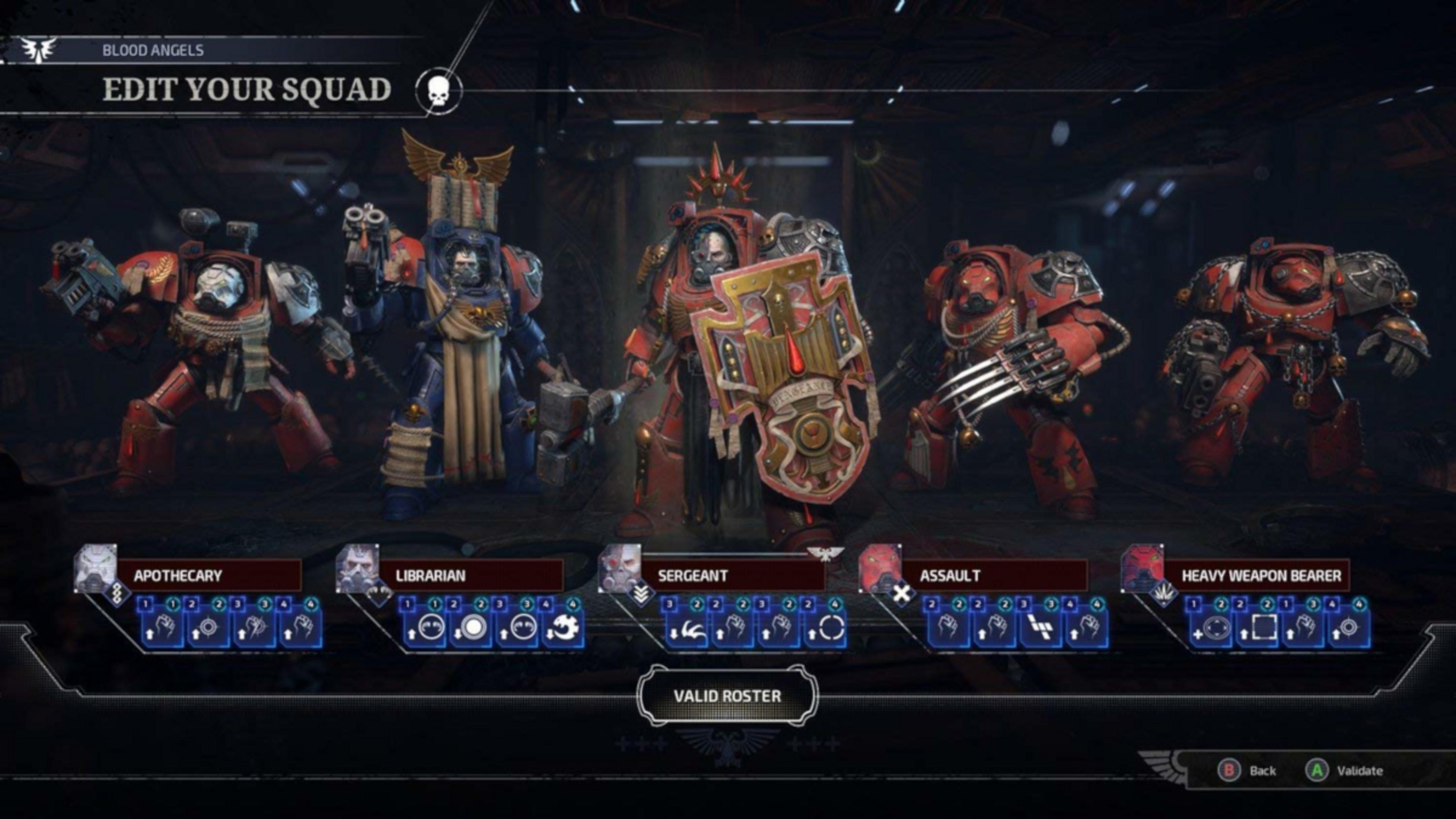 Fünf Space Marines in Rüstung, die auf dem Bildschirm "Edit Your Squad" angezeigt werden.