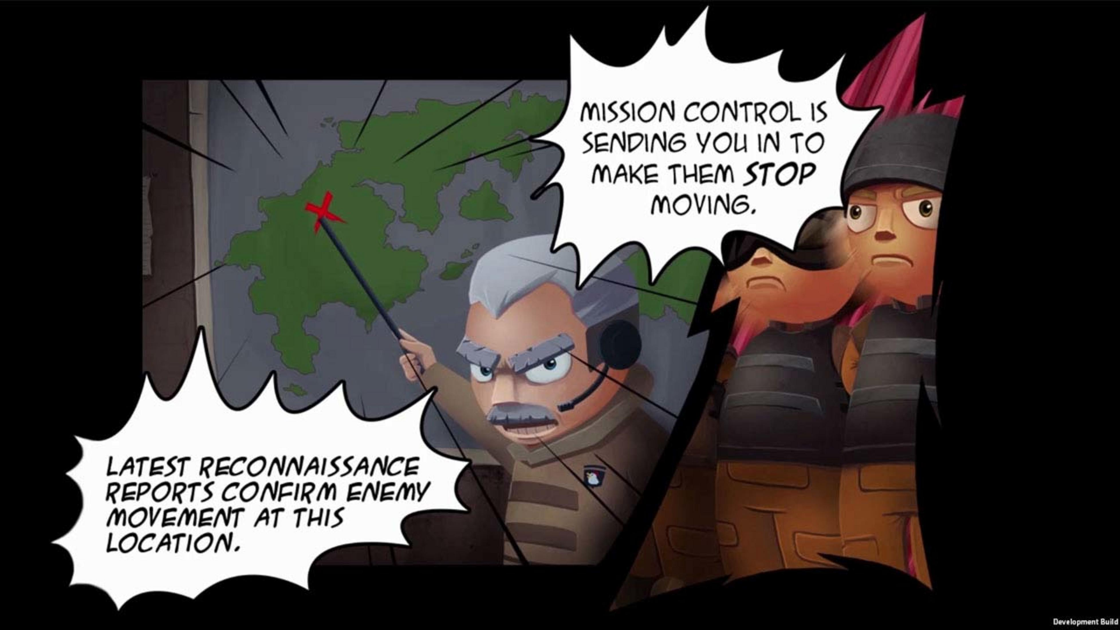 Ein Mann zeigt auf eine Karte, während zwei Soldaten zuhören.