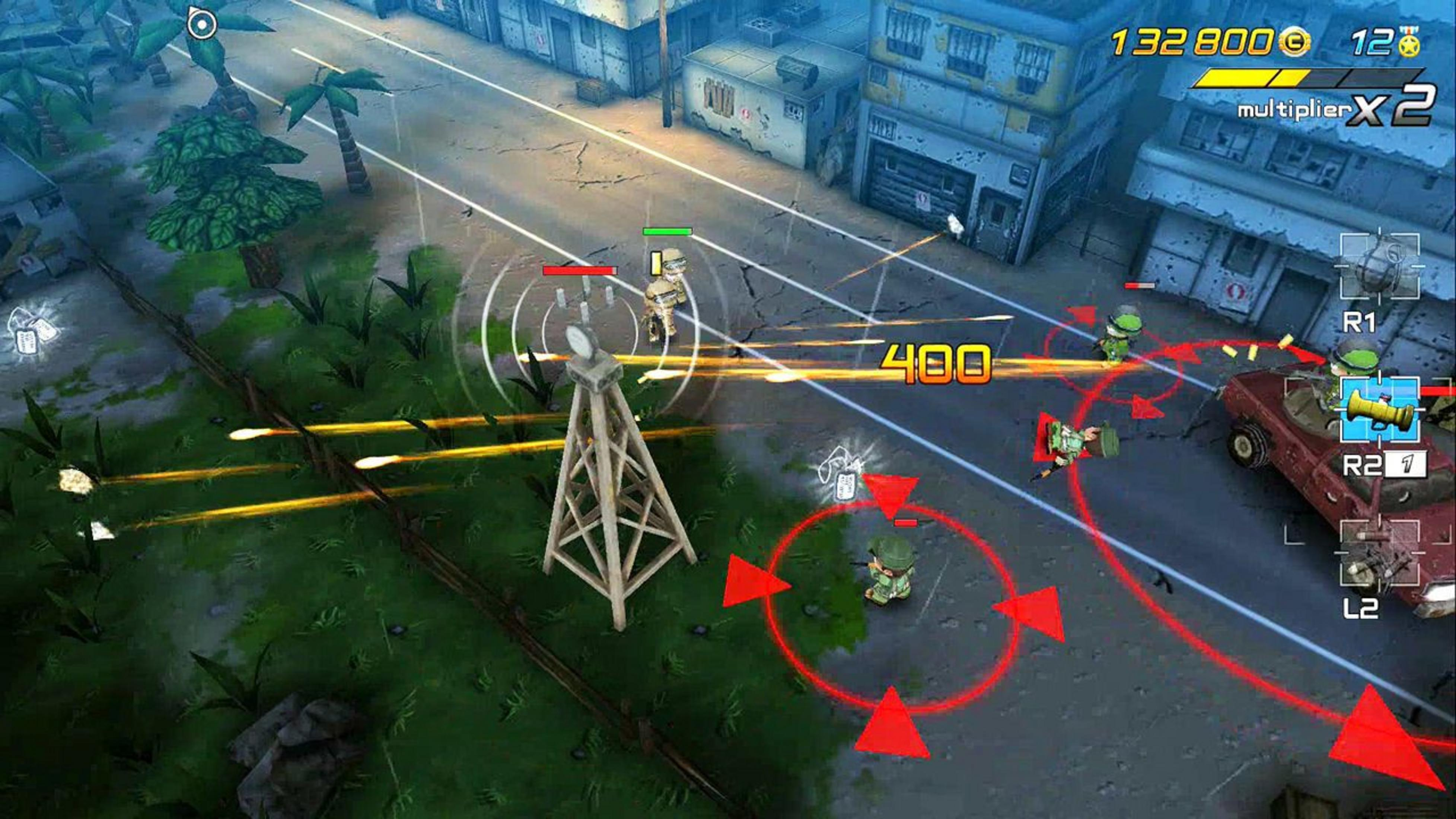 Spielszene mit Soldaten, Fahrzeugen und Schusswechsel in einer städtischen Umgebung.