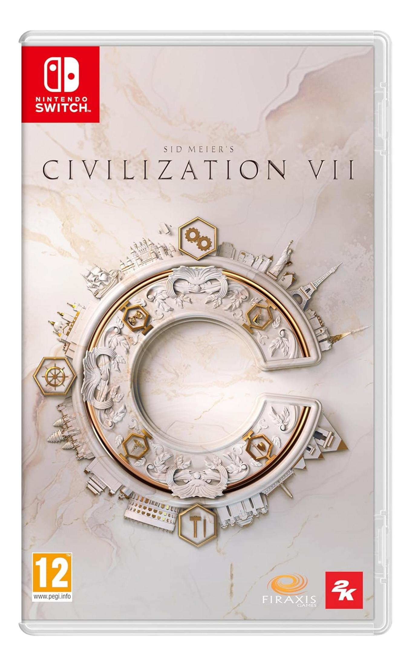 Custodia del gioco Civilization VII per Nintendo Switch con logo C stilizzato e monumenti.