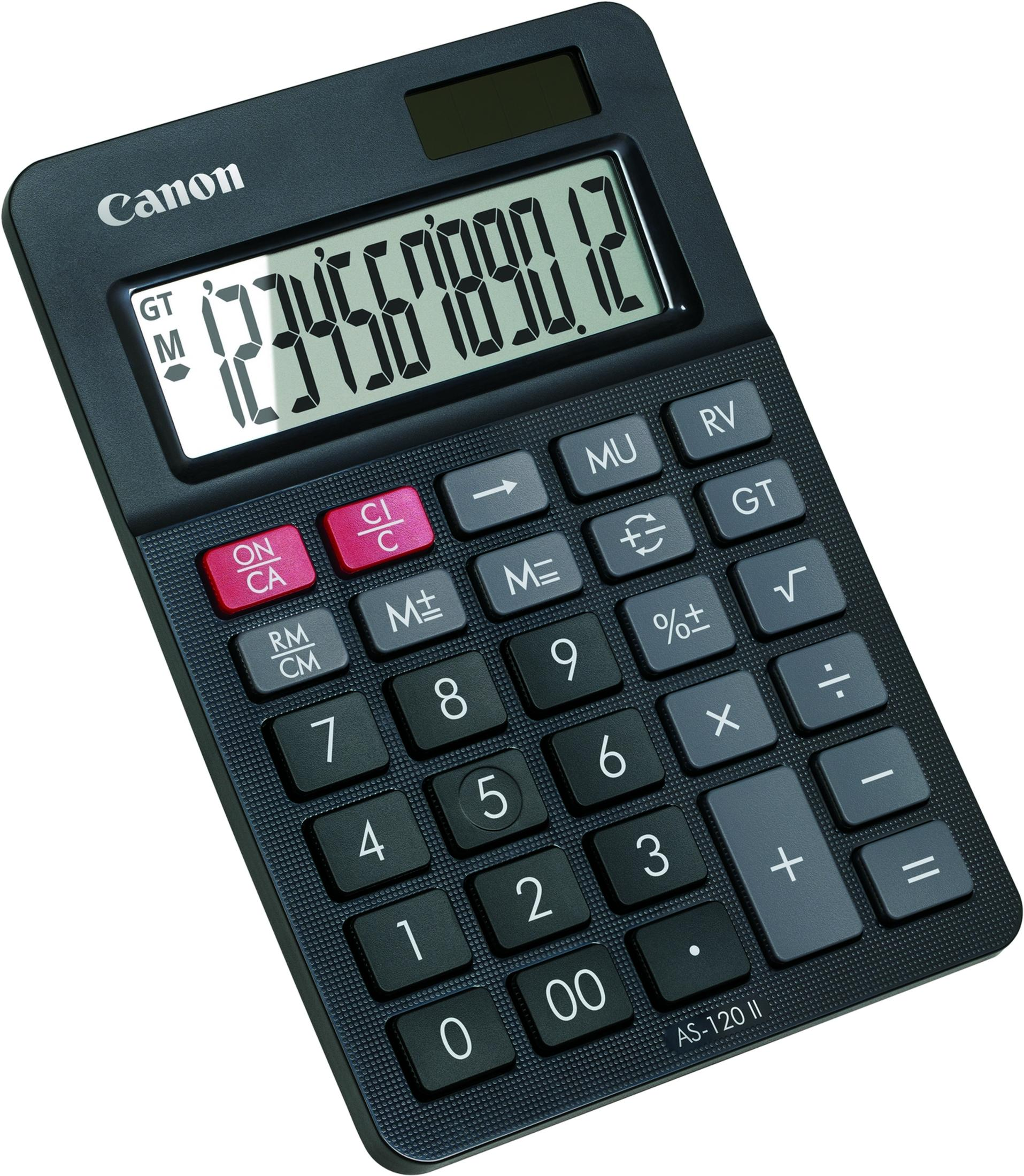 Czarny kalkulator Canon z dużym wyświetlaczem i wieloma przyciskami.
