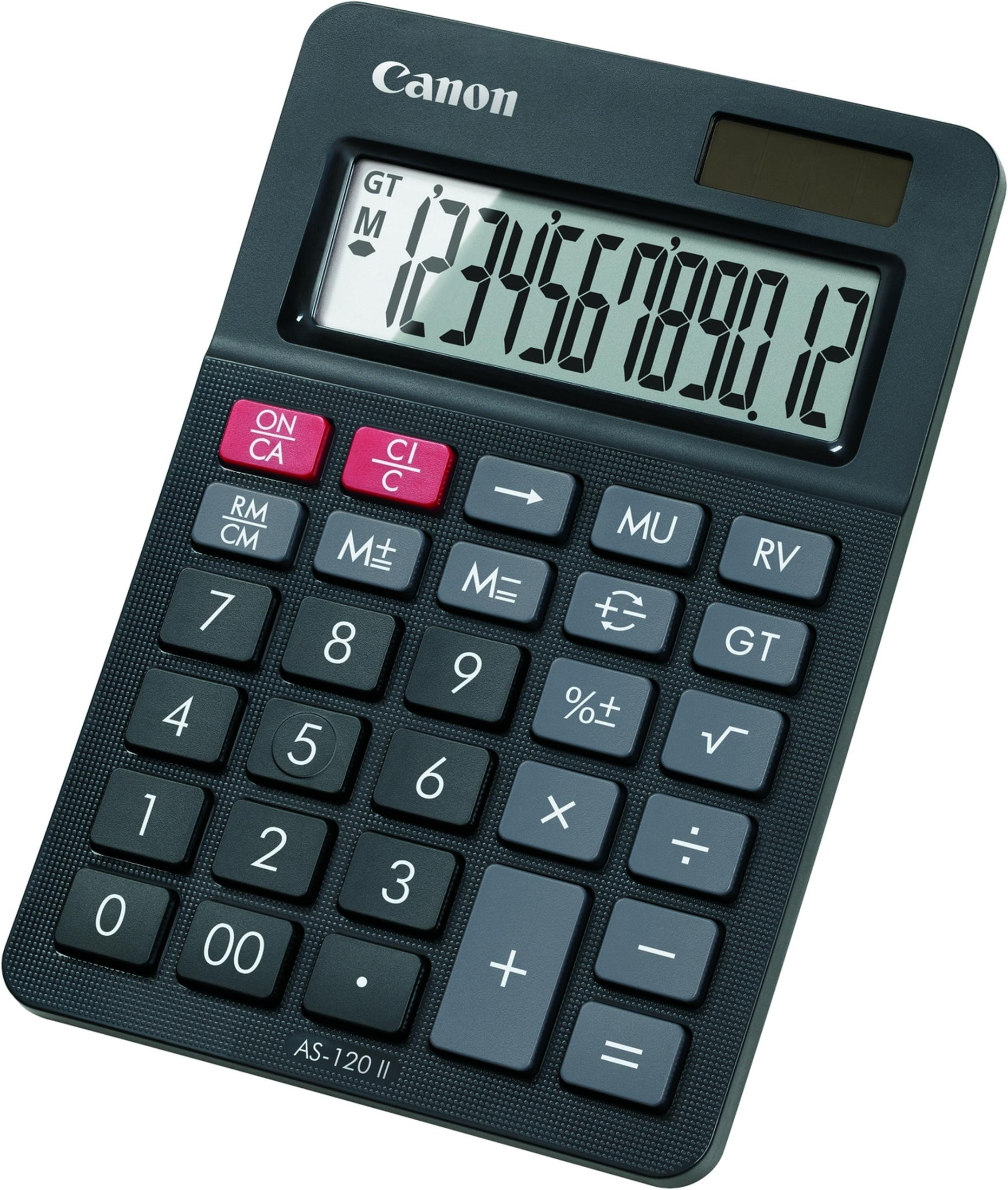 Czarny kalkulator biurkowy Canon z dużym wyświetlaczem i przyciskami.