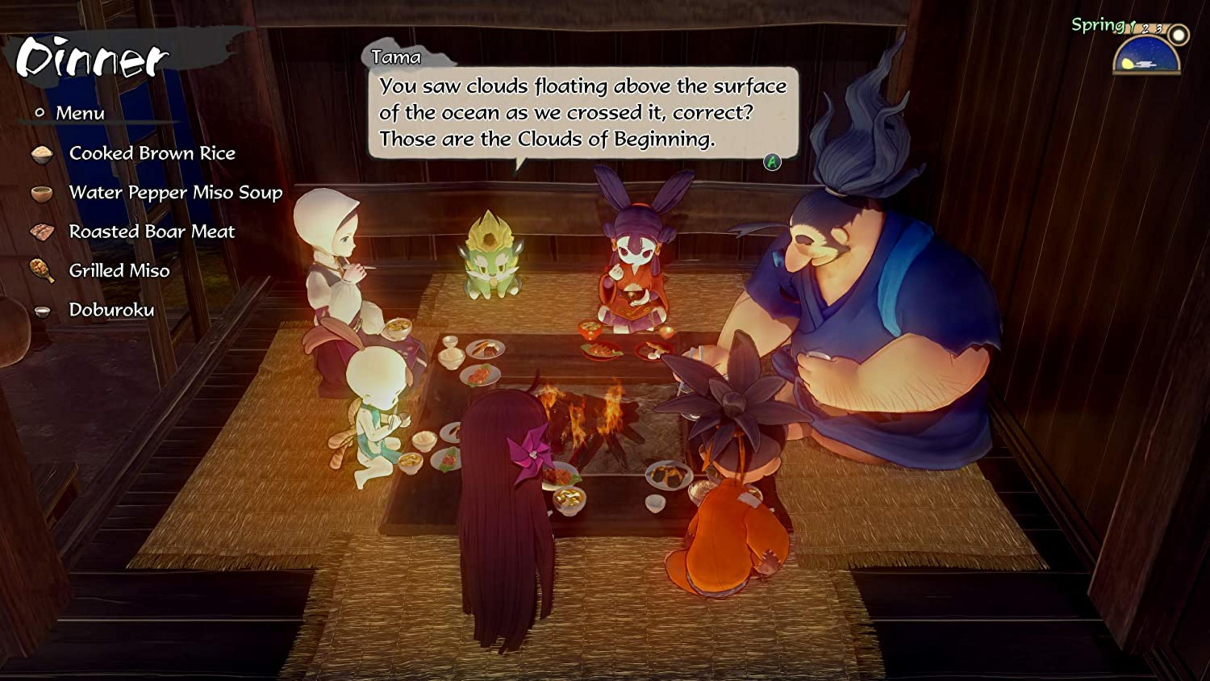 Menschen mit Anime-Charakteren sitzen um ein Feuer und essen.