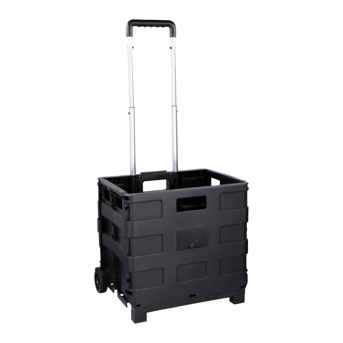Carrello della spesa pieghevole nero con manico telescopico e ruote.
