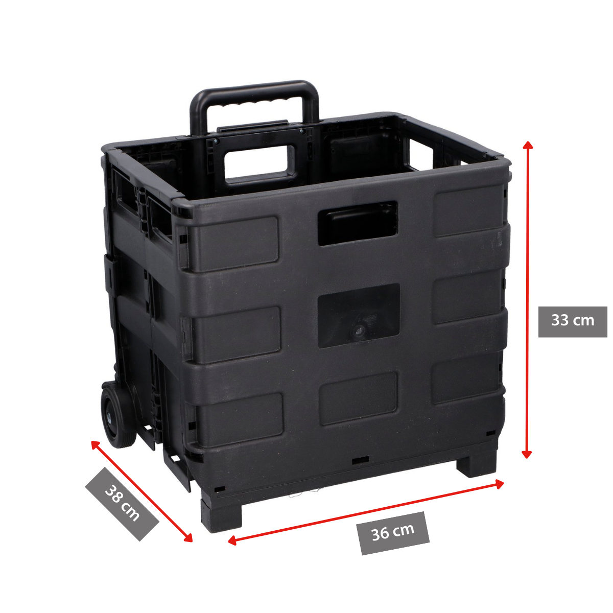Carrello pieghevole nero con manico e ruote, dimensioni 36x38x33 cm.