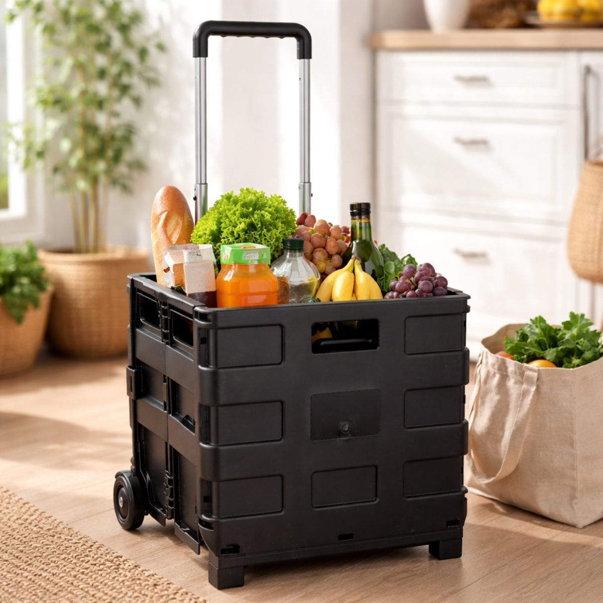 Un carrello nero con ruote, pieno di generi alimentari come pane, lattuga e frutta.