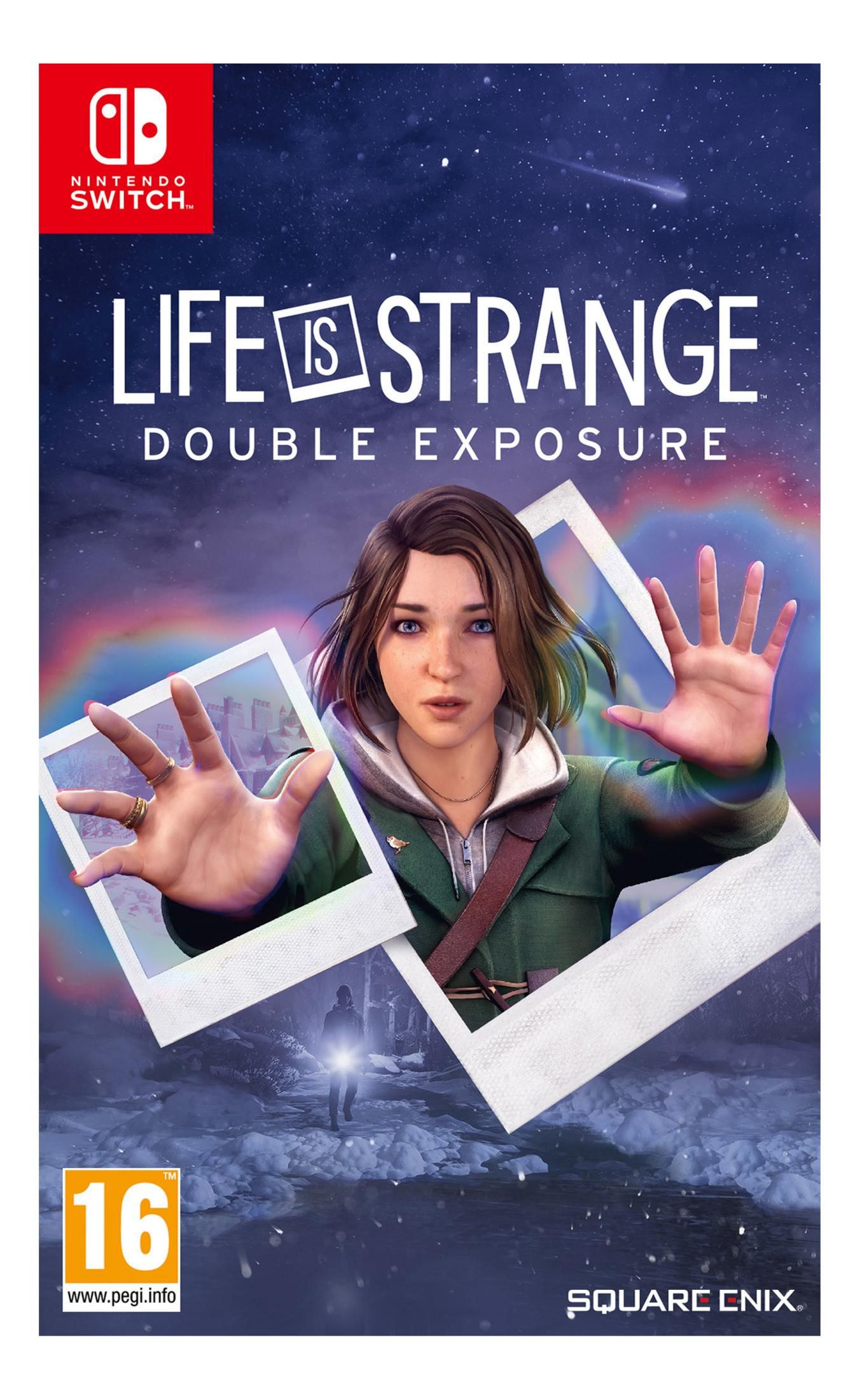 Okładka gry Life is Strange: Double Exposure. Kobieta z wyciągniętymi rękami, polaroidami i logo Nintendo Switch.