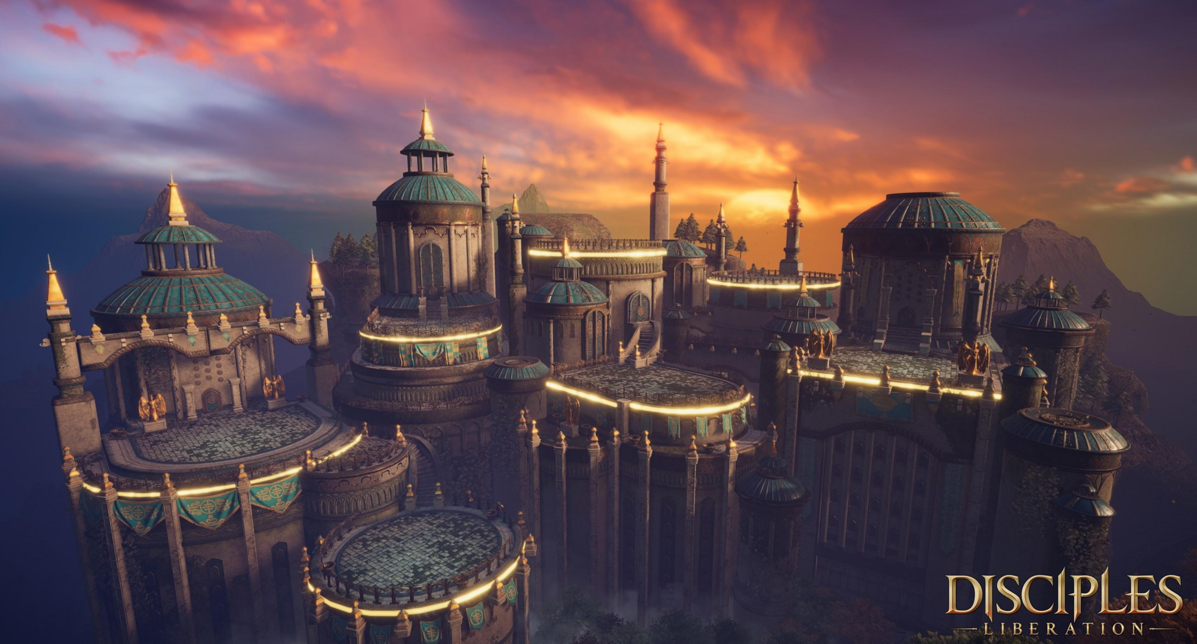 Fantastyczne miasto z kopułami i wieżami o zachodzie słońca.