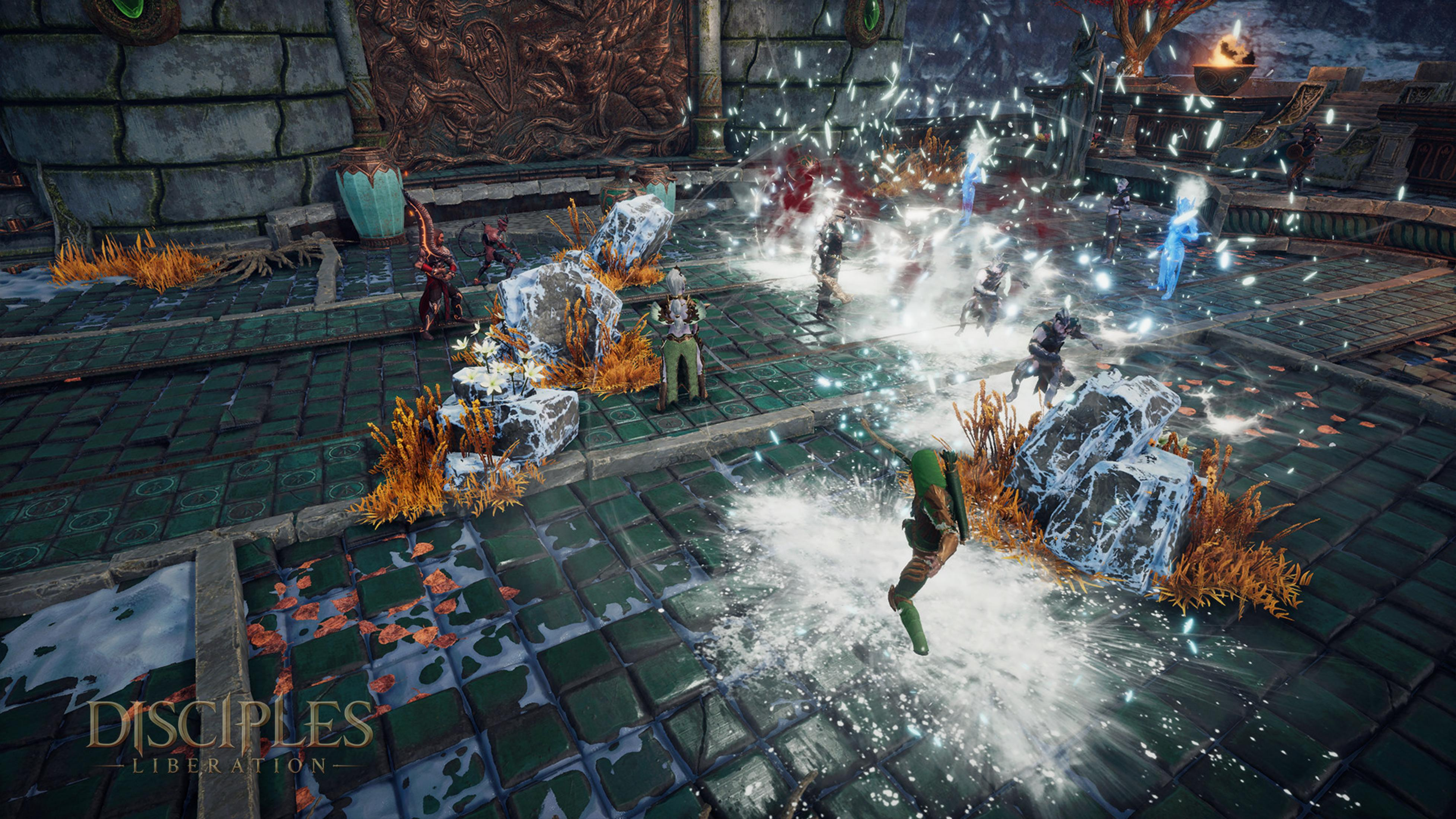 Postacie fantasy walczą magią na kamiennej podłodze ze śniegiem i trawą.