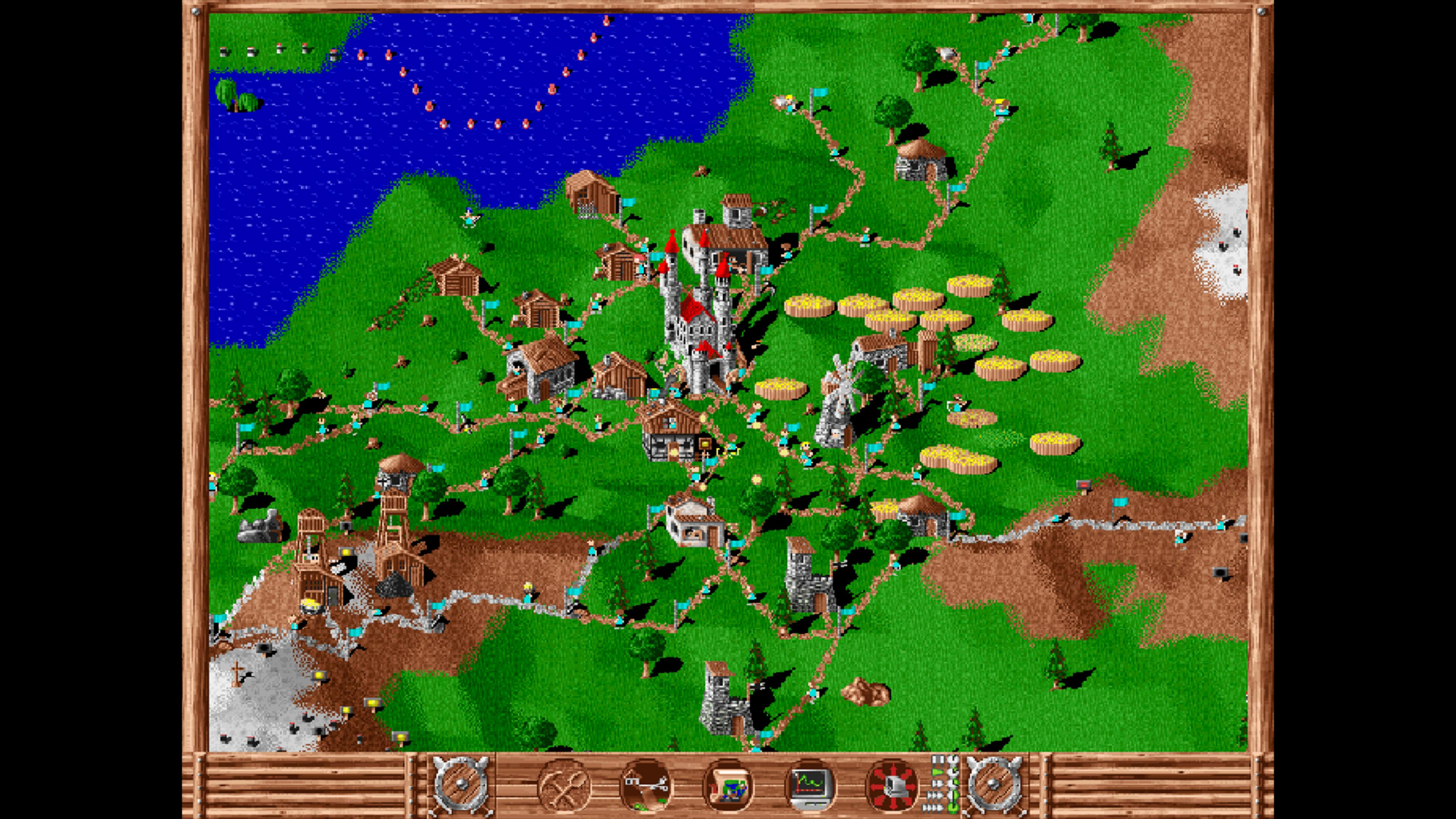Eine mittelalterliche Spielkarte mit Burg, Dörfern und Flüssen.