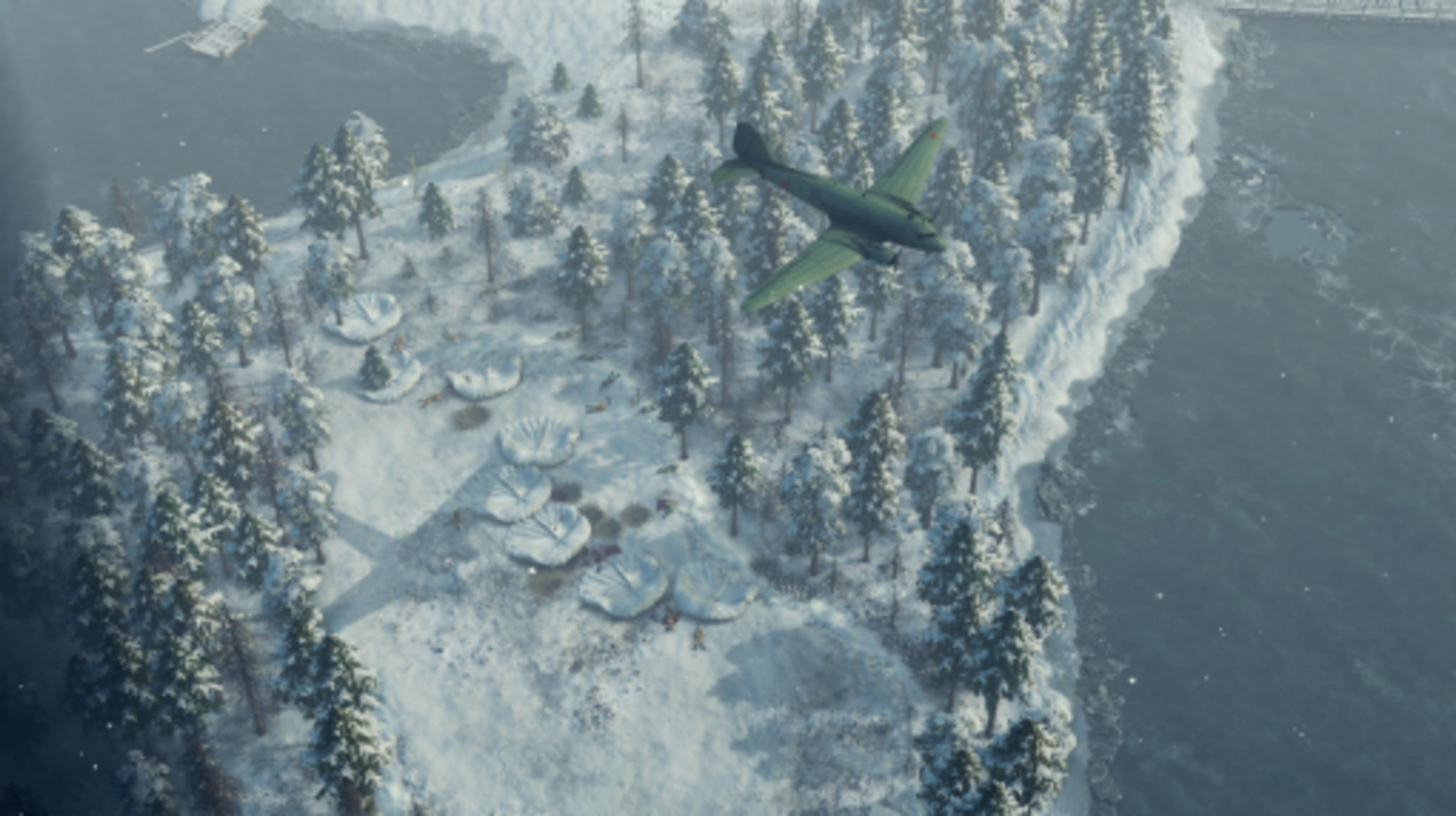 Ein grünes Flugzeug fliegt über einen verschneiten Wald und einen gefrorenen See.