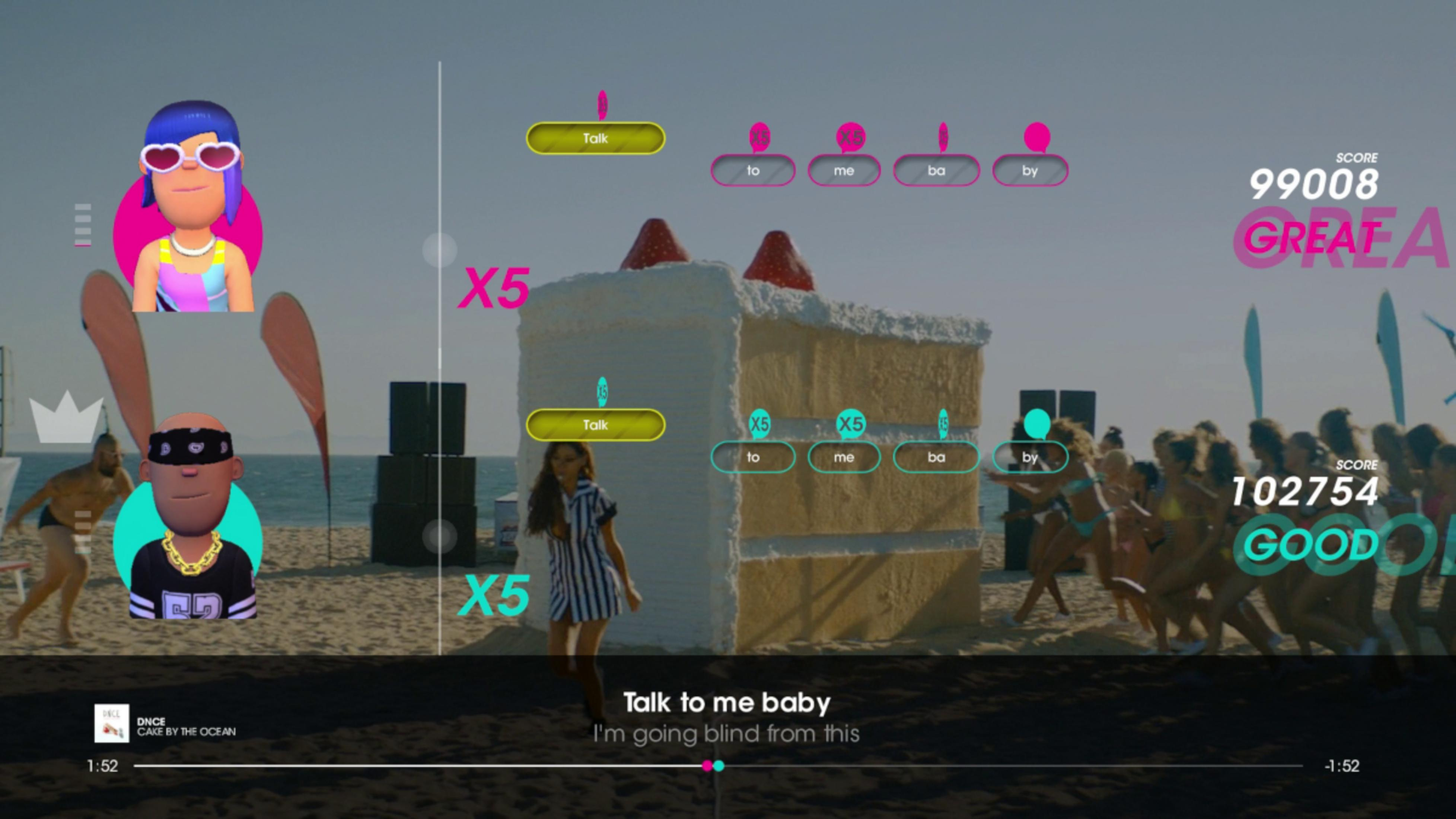 Scena plażowa z tańczącymi ludźmi i interfejsem gry z gigantycznym ciastem.