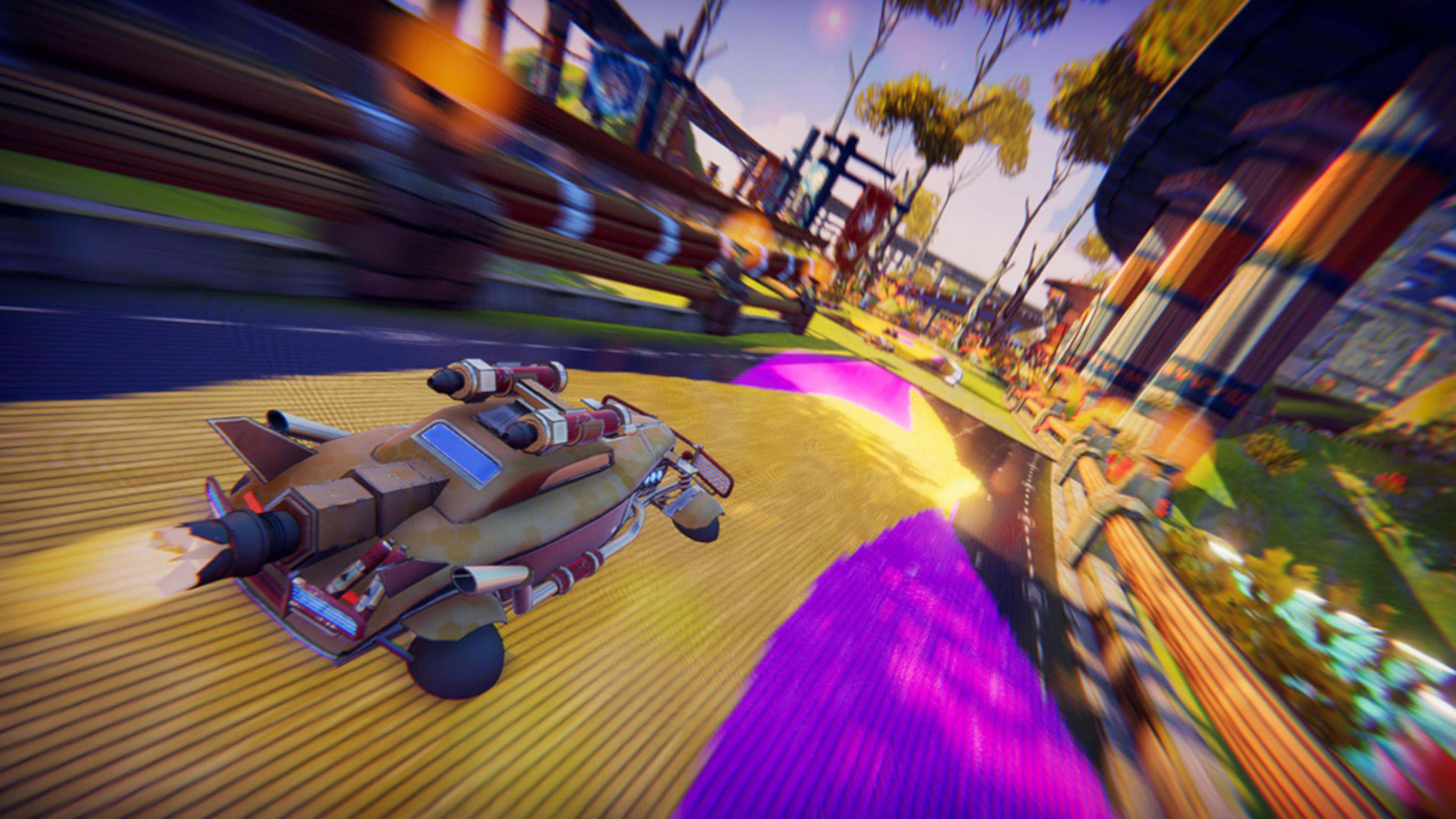 Un veicolo futuristico corre su una pista colorata con motion blur.