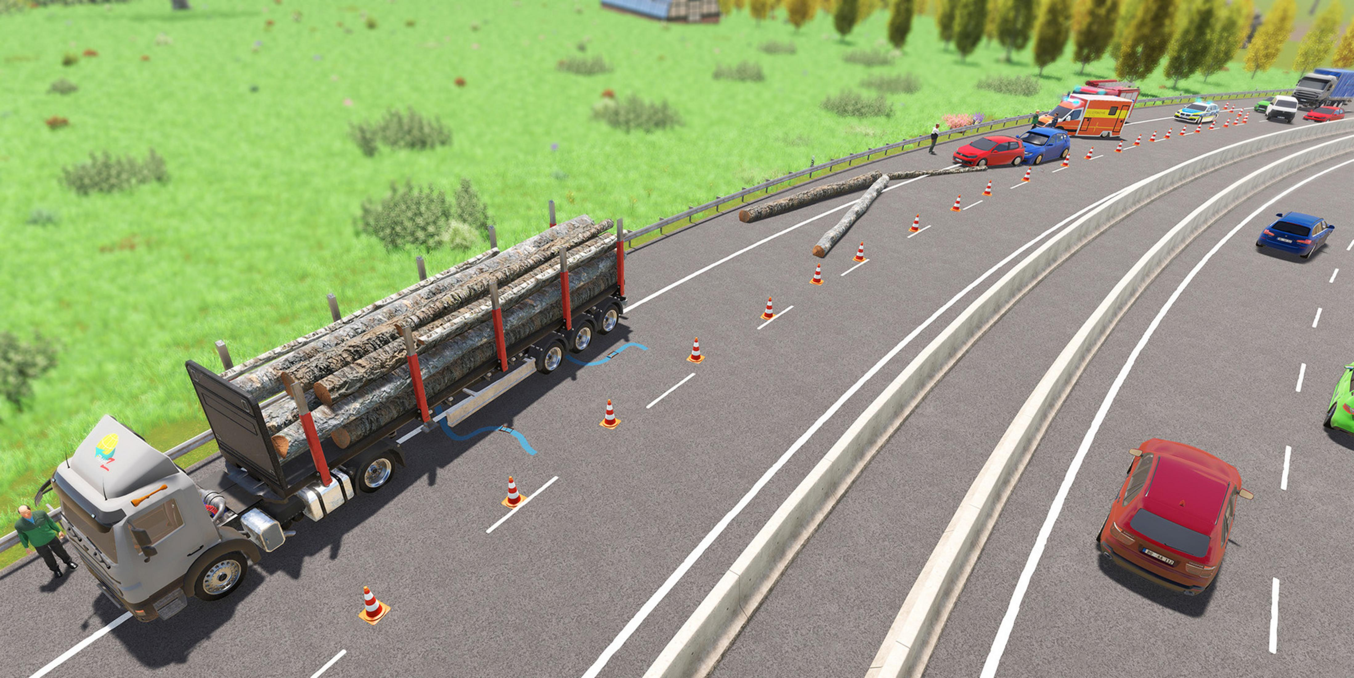 Ein Holztransporter mit Ladung steht auf einer Autobahn neben mehreren Autos.