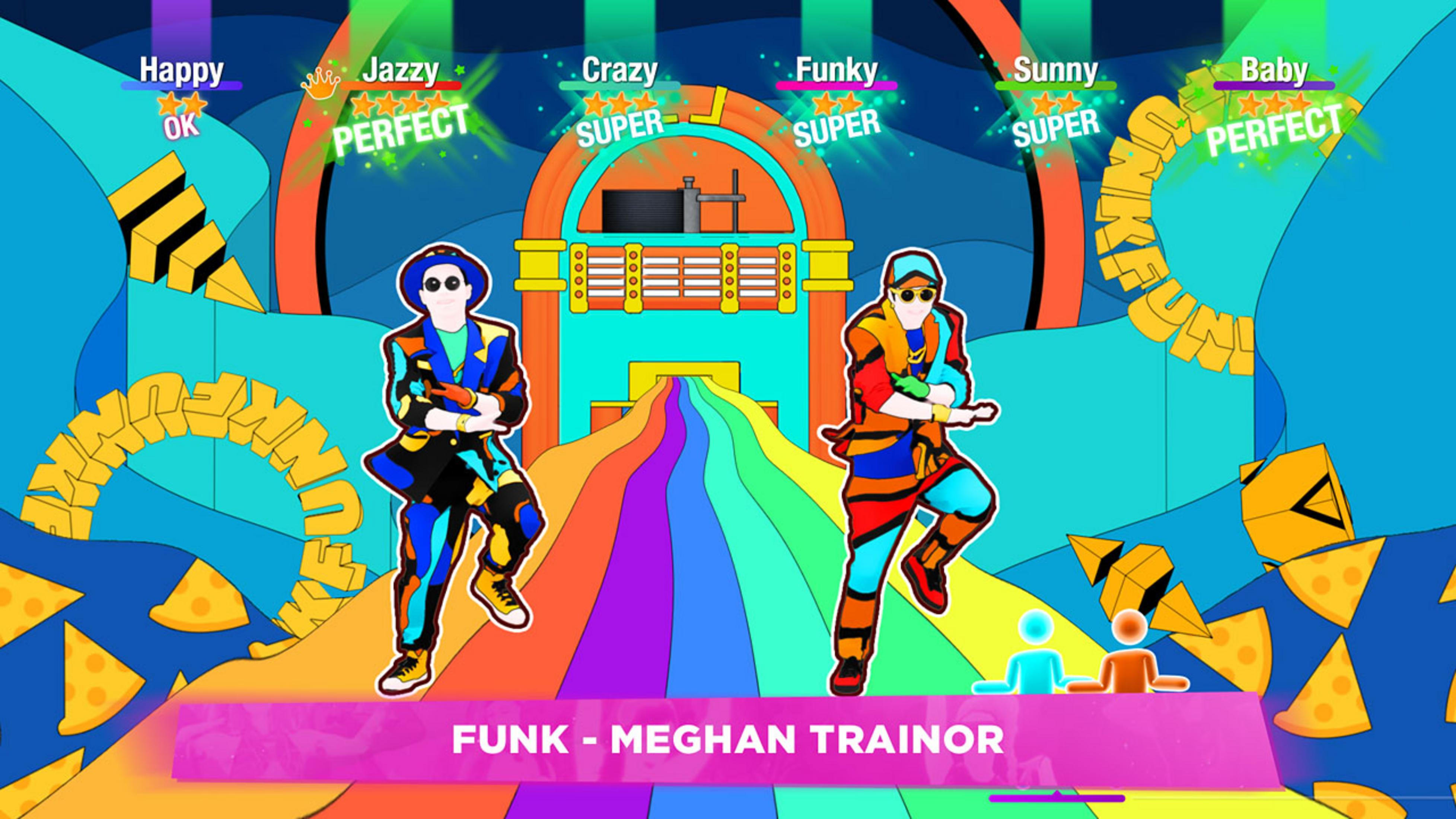 Zwei Tänzer vor einem Jukebox-Design mit Regenbogenweg. Bunte Grafik.