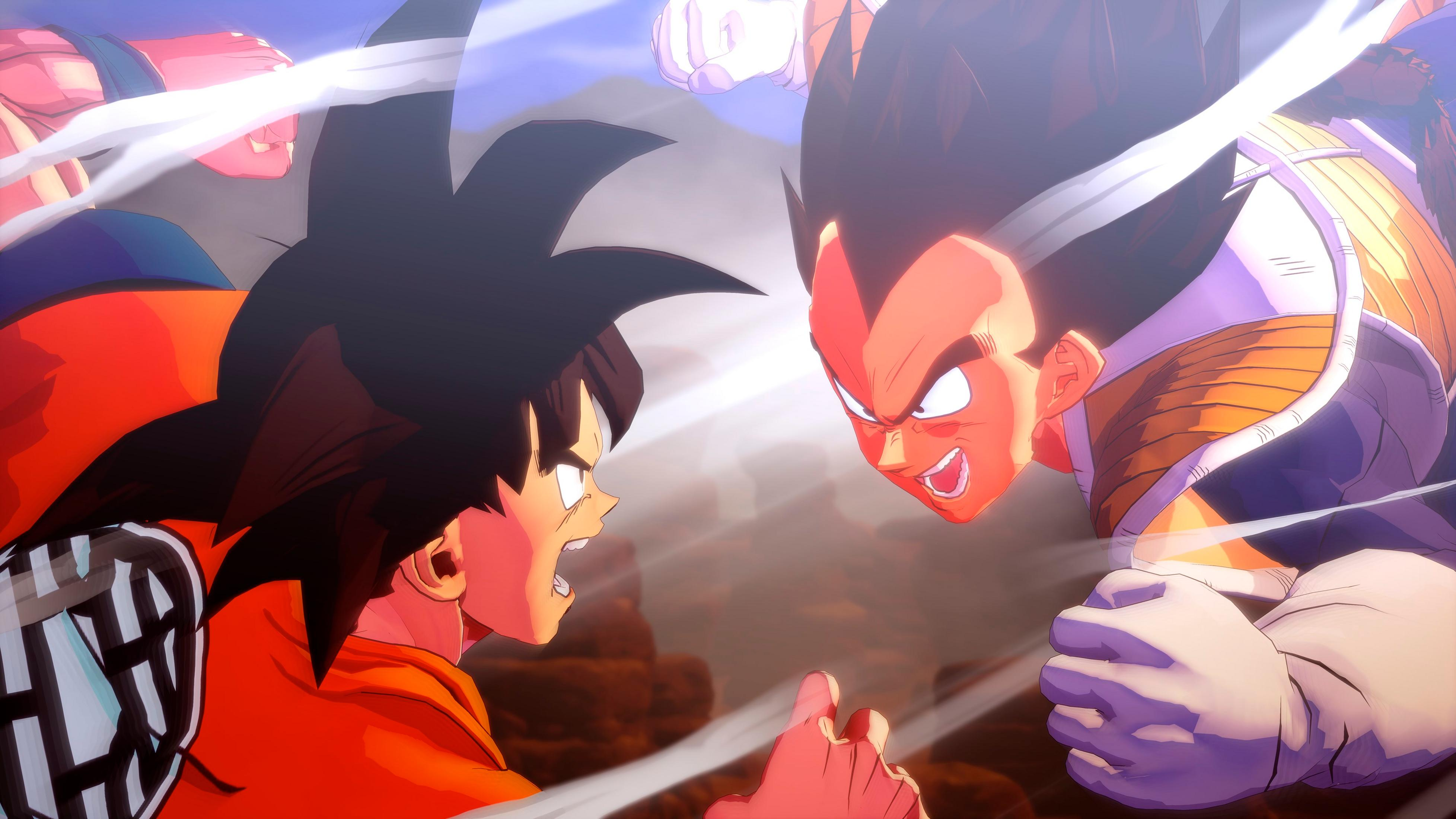 Goku und Vegeta stehen sich in einem Kampf gegenüber, Wolken ziehen vorbei.
