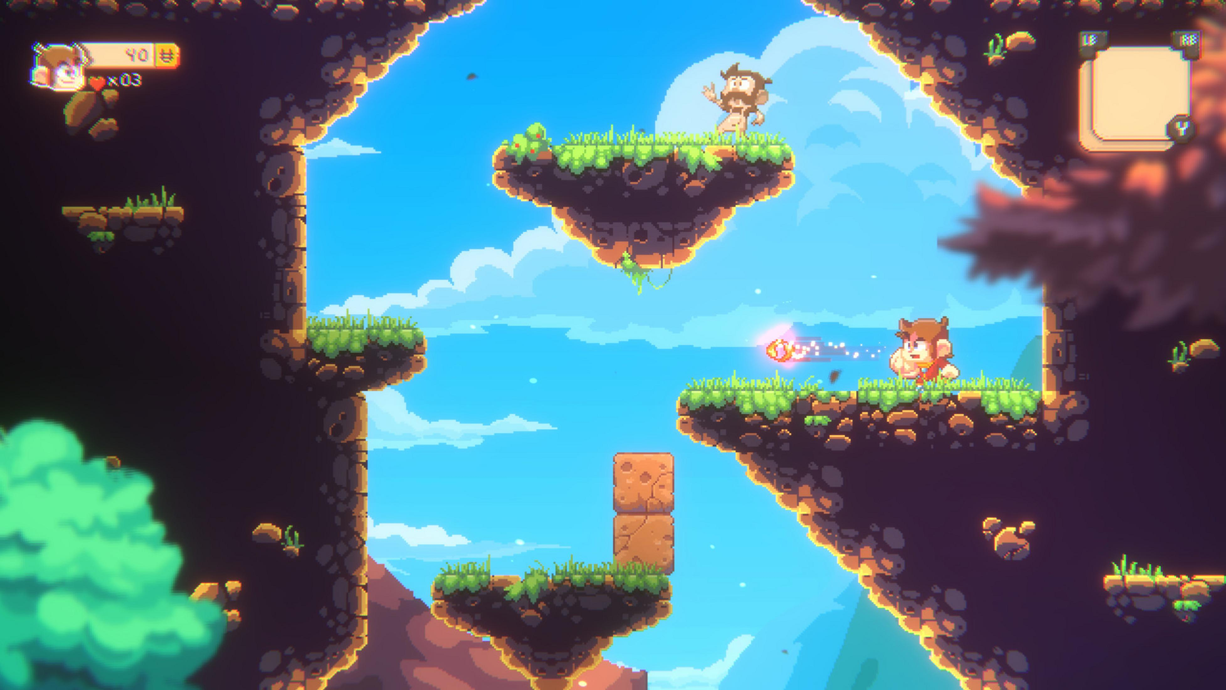 Pixel-Art-Spiel: Ein Charakter wirft einen Ball, ein anderer steht auf einer Plattform.