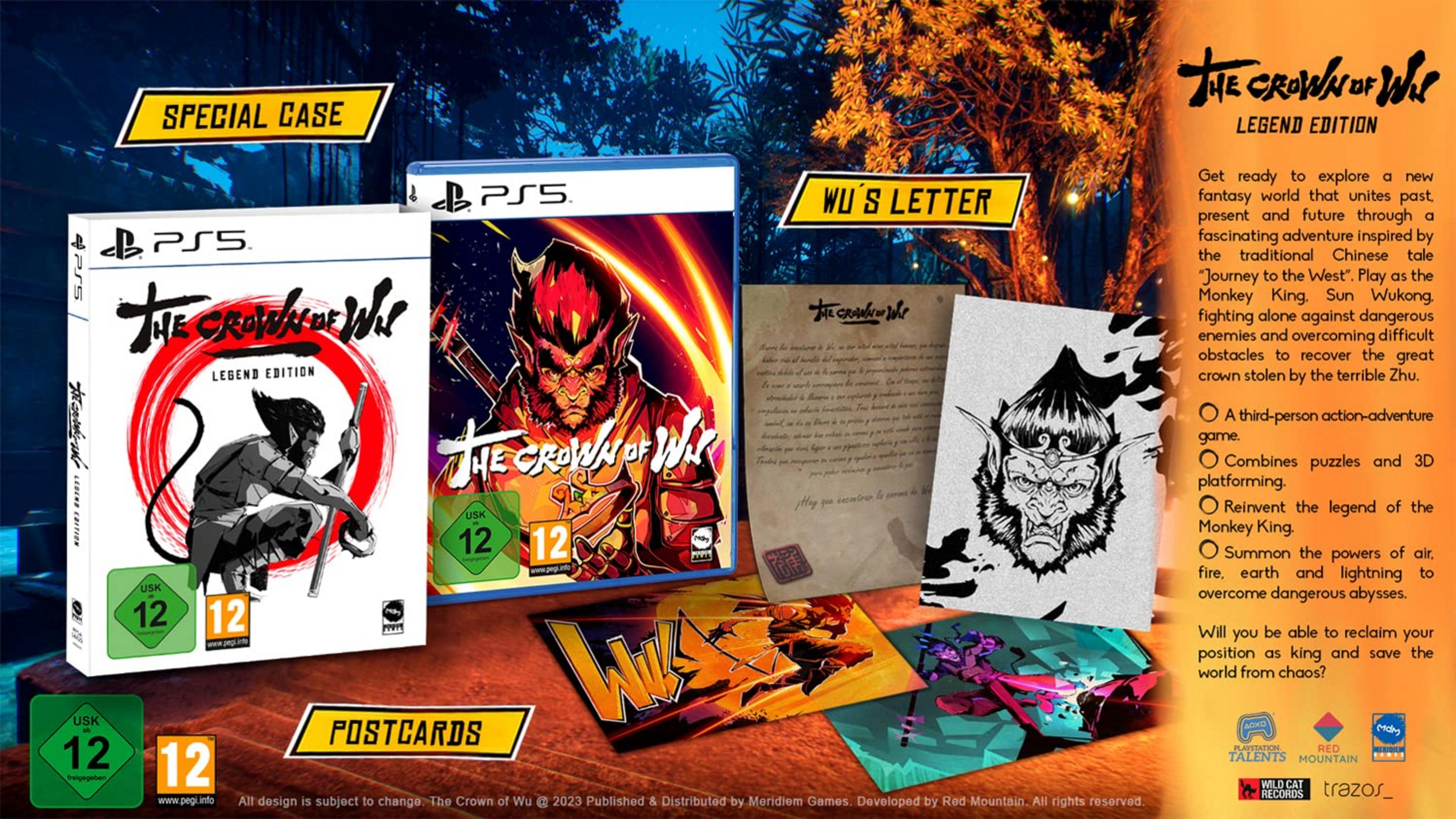 Spielverpackung und Zubehör für PS5 'The Crown of Wu: Legend Edition'.