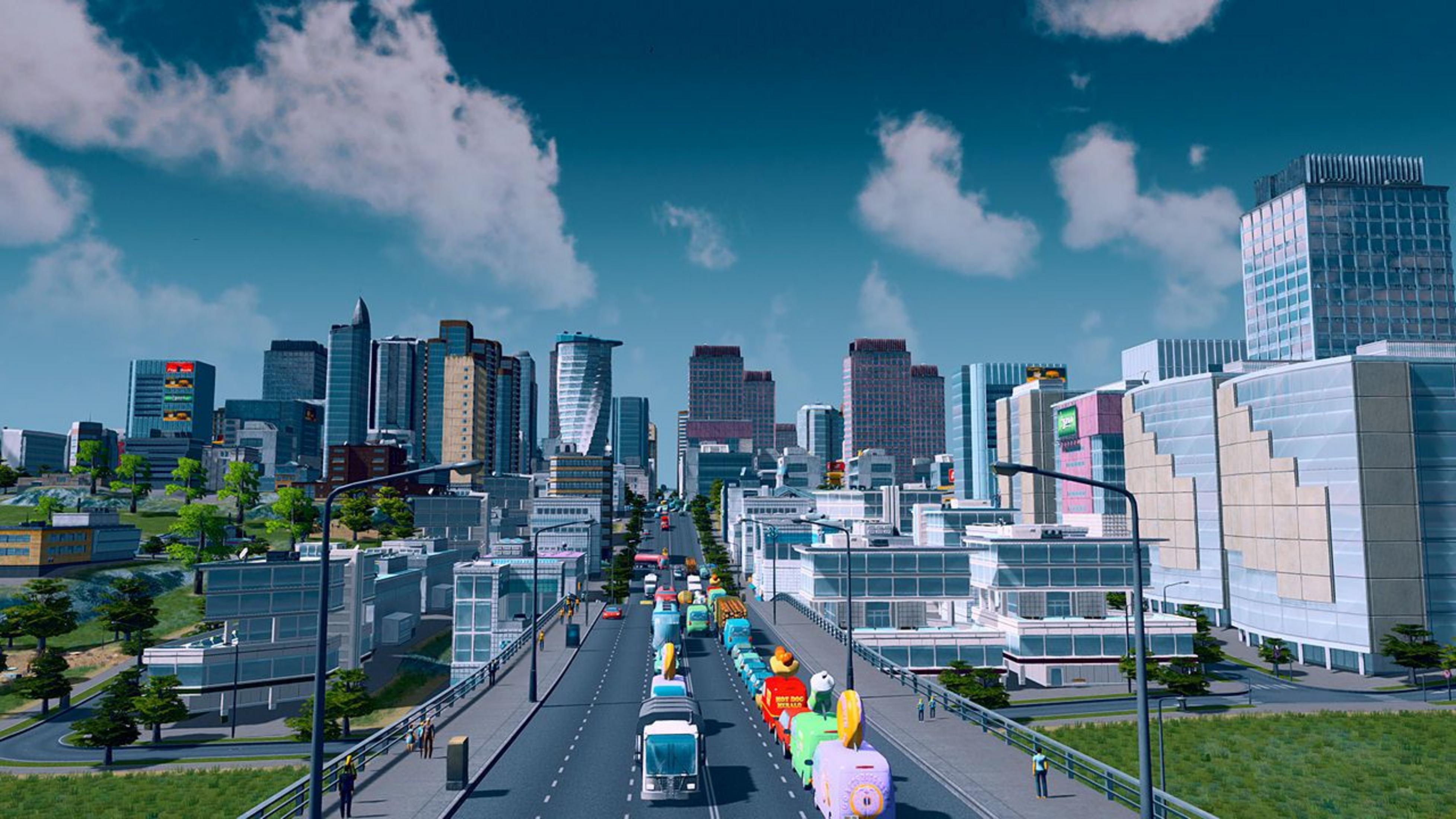 Stadtautobahn mit Stau, hohe Gebäude, blauer Himmel mit Wolken.