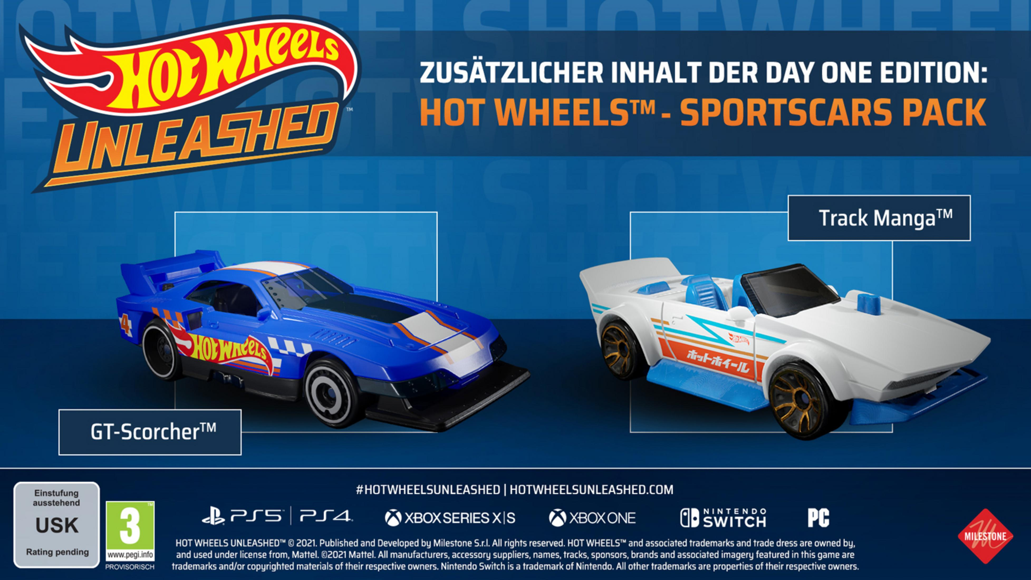 Zwei Hot Wheels Autos: GT-Scorcher und Track Manga, Day One Edition.