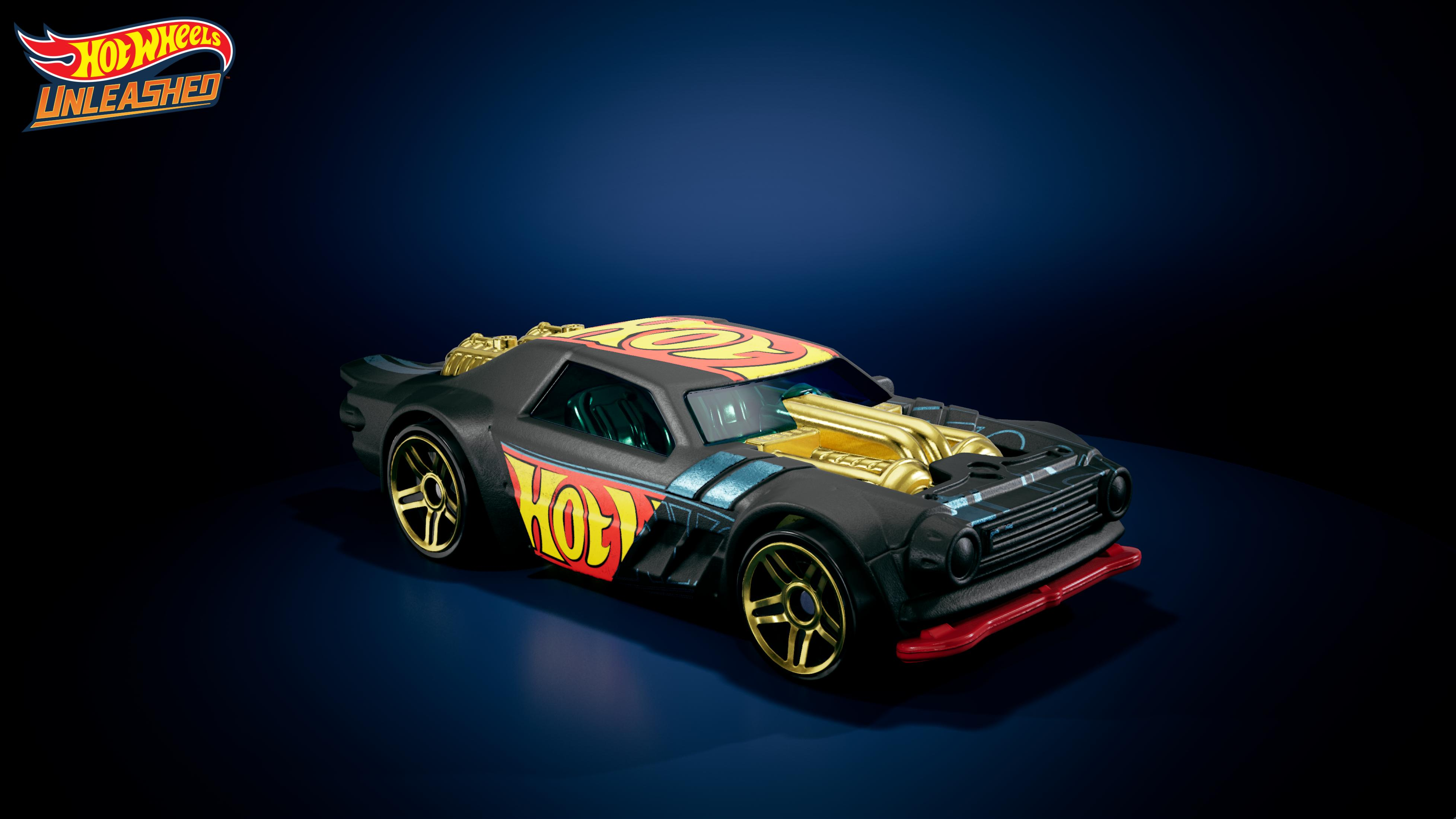 Schwarzer Hot Wheels "Unleashed" Spielzeug-Rennwagen mit Goldakzenten und Flammen.