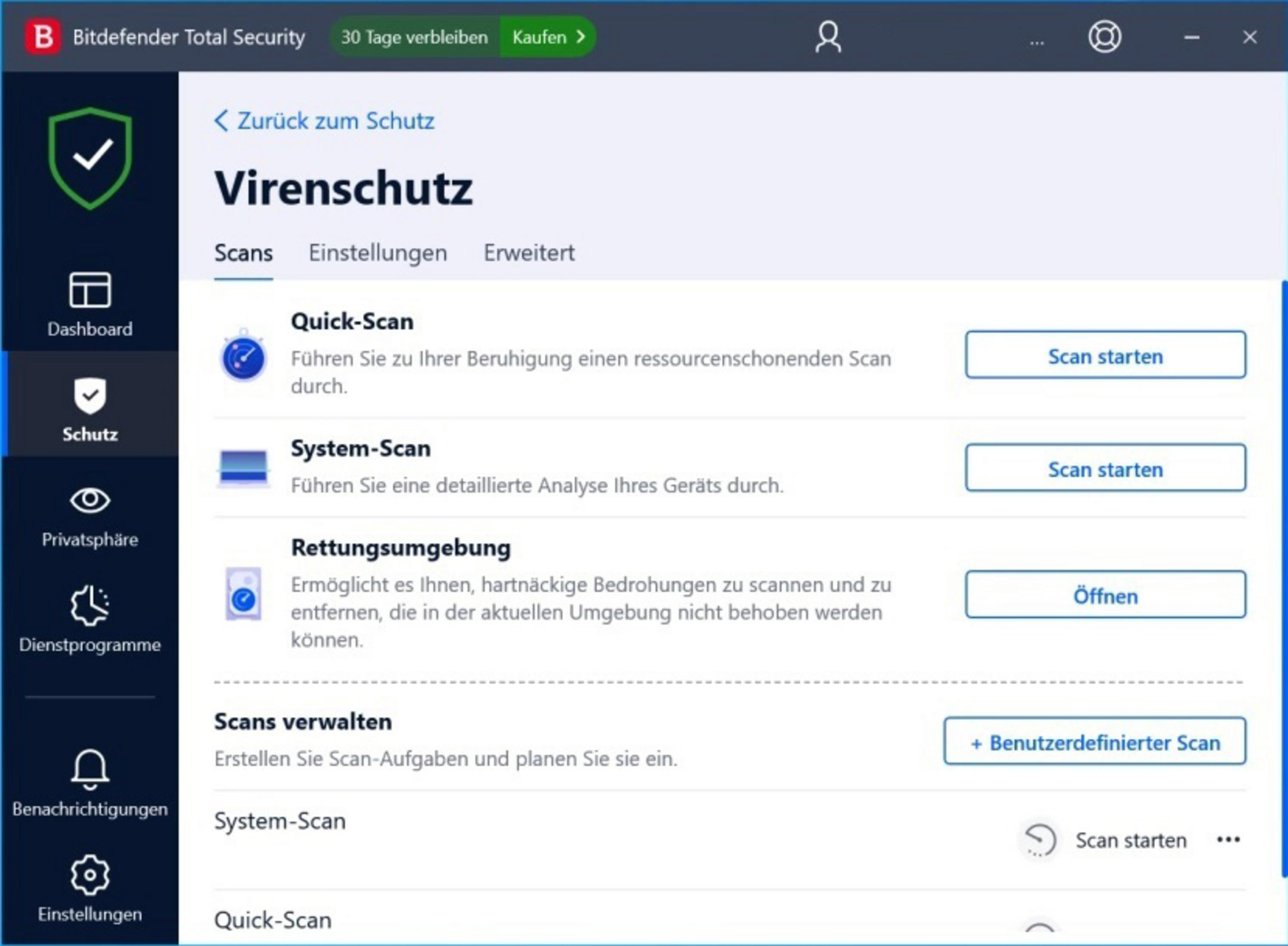 Bitdefender Virenschutz mit Scan-Optionen: Quick-Scan, System-Scan, Rettungsumgebung.