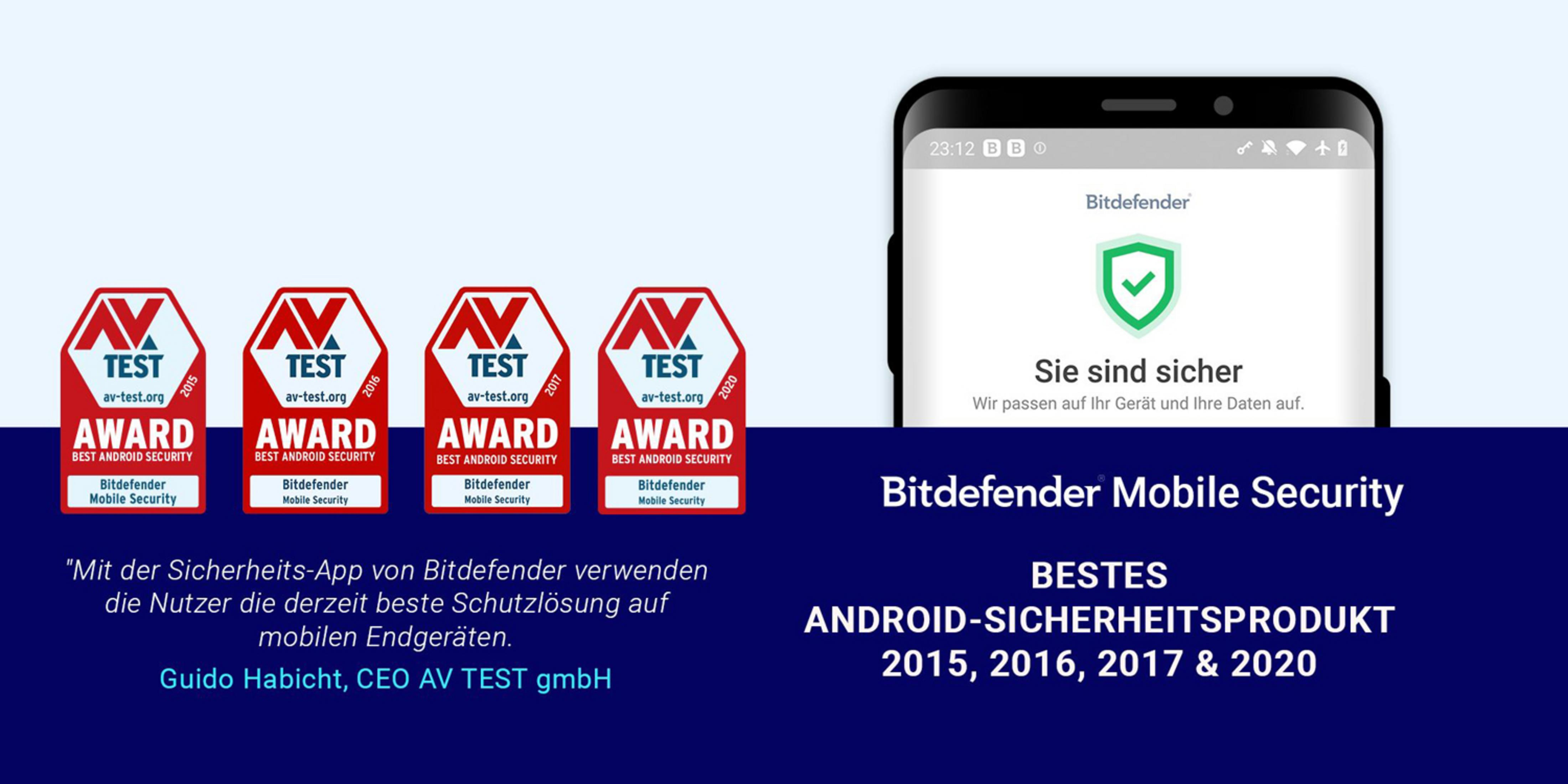 Bitdefender Mobile Security mit vier AV-TEST Awards: 2015, 2016, 2017, 2020.
