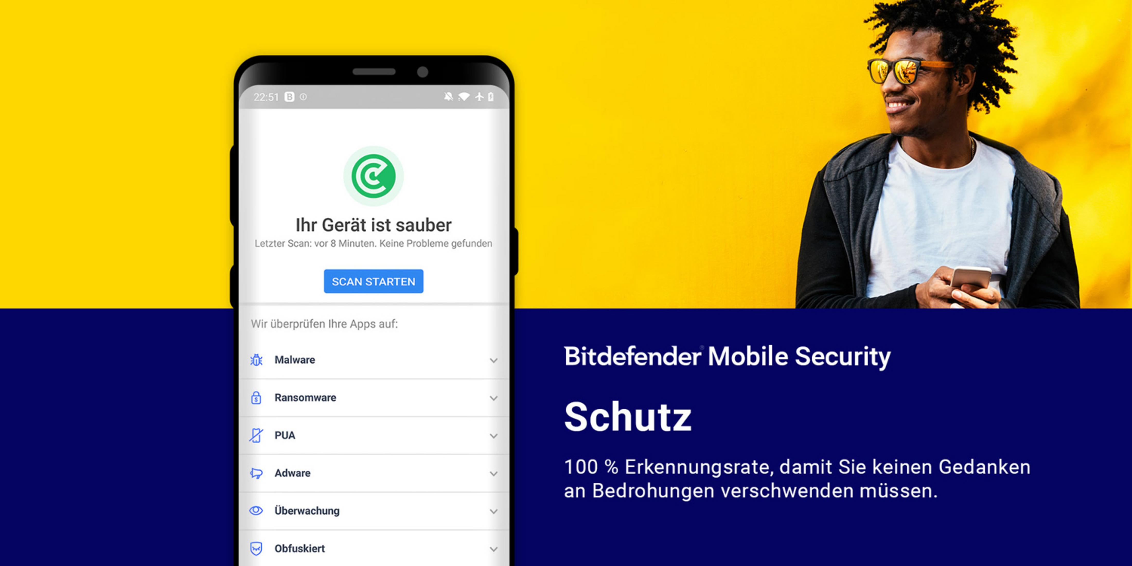 Mann mit Sonnenbrille lächelt, hält Handy. Handy zeigt Bitdefender App.